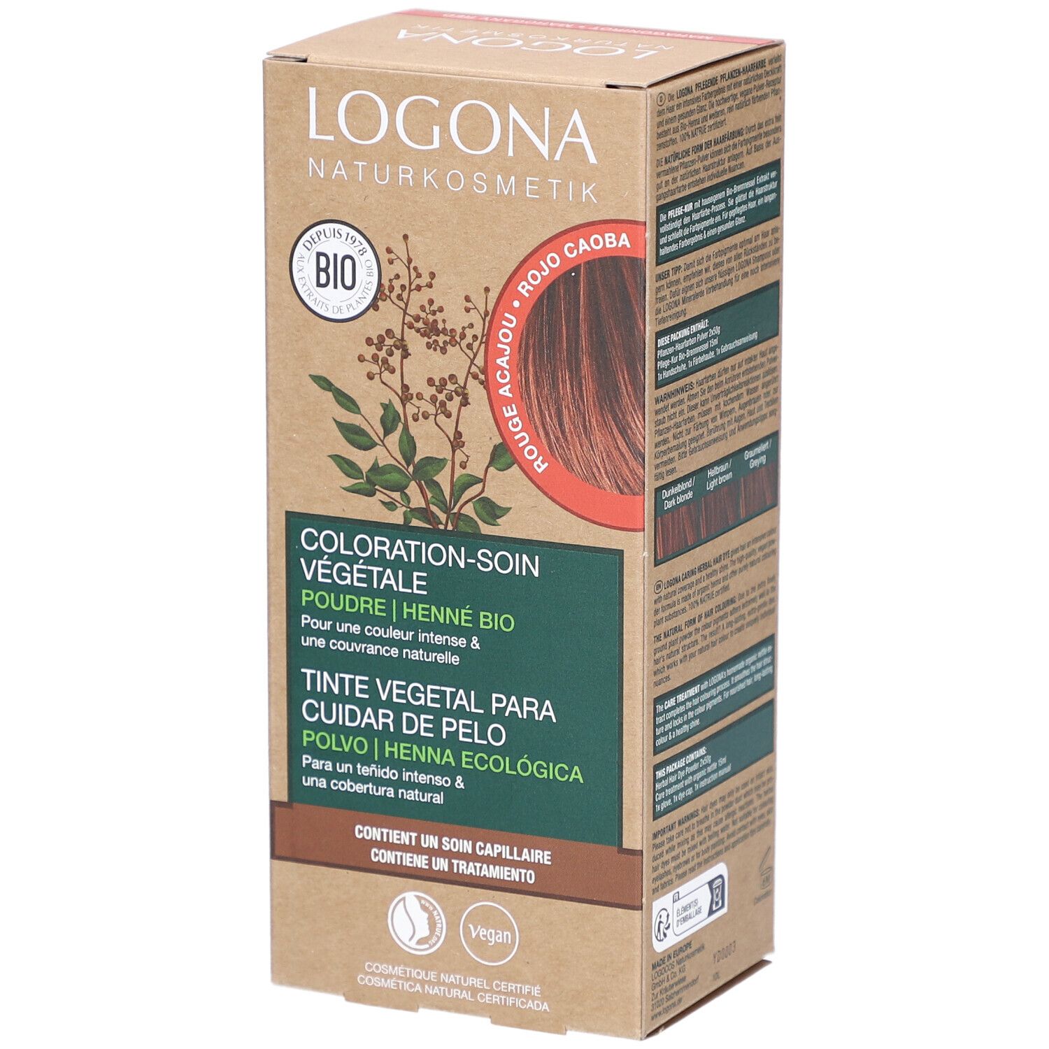 Logona plantenhaarverf poeder, kleur: Rouge Acajou. Doos met productinfo en logo. Vegan.