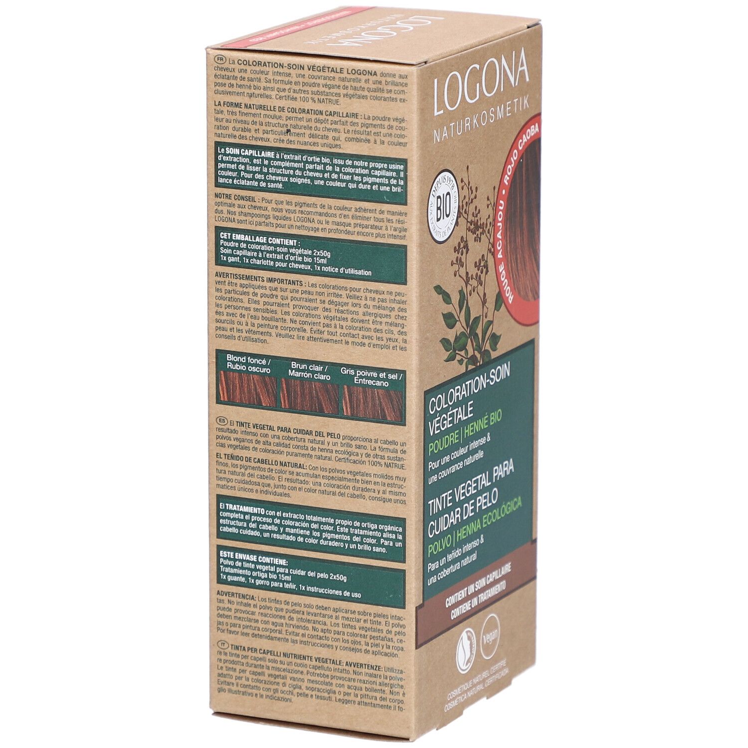 Logona plantenhaarverf poeder, kleur: Rouge Acajou. Doos met productinfo en logo. Tekst op achterkant. Vegan.