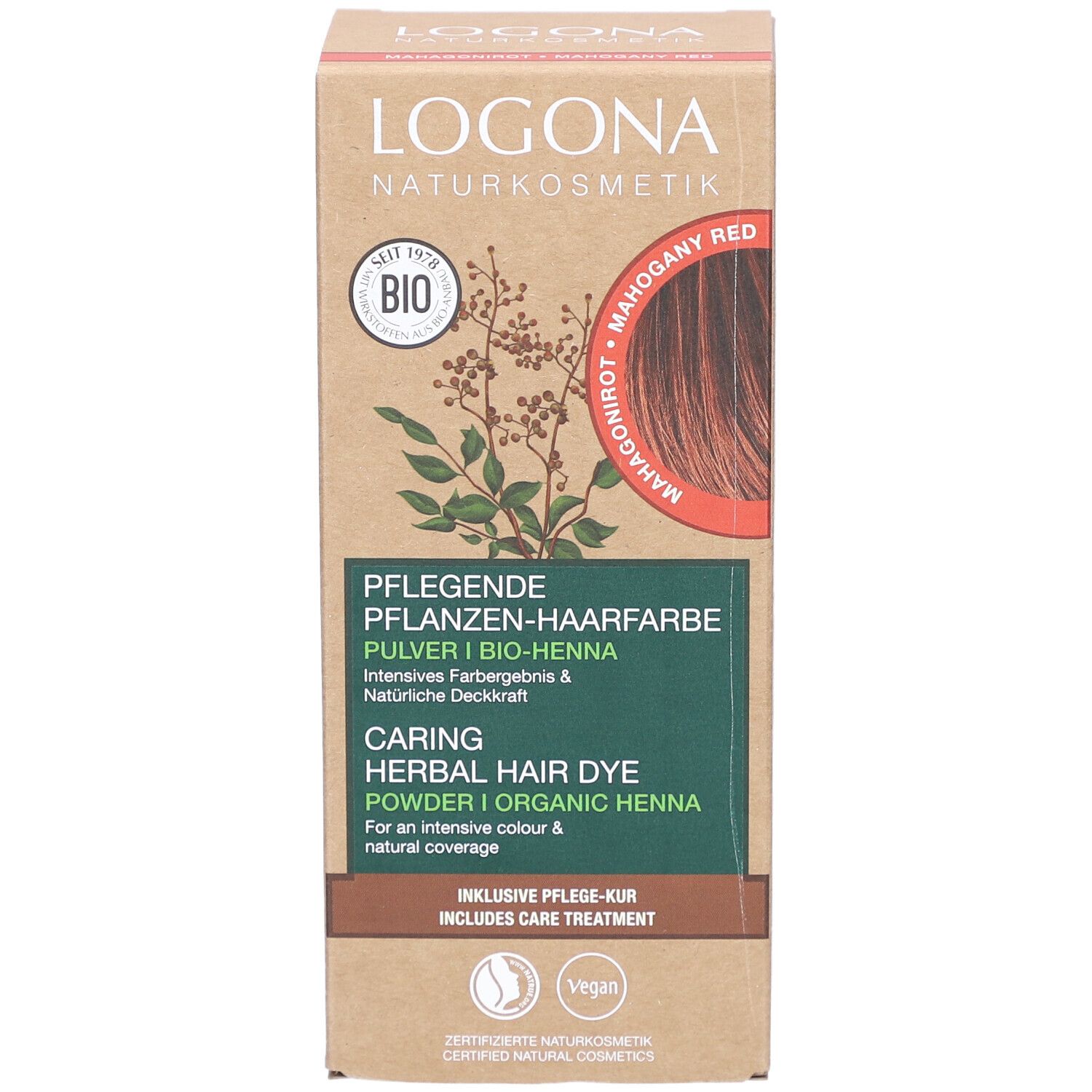 Logona plantenhaarverf poeder mahonie rood bio. Doos met productinfo en logo. Vegan.