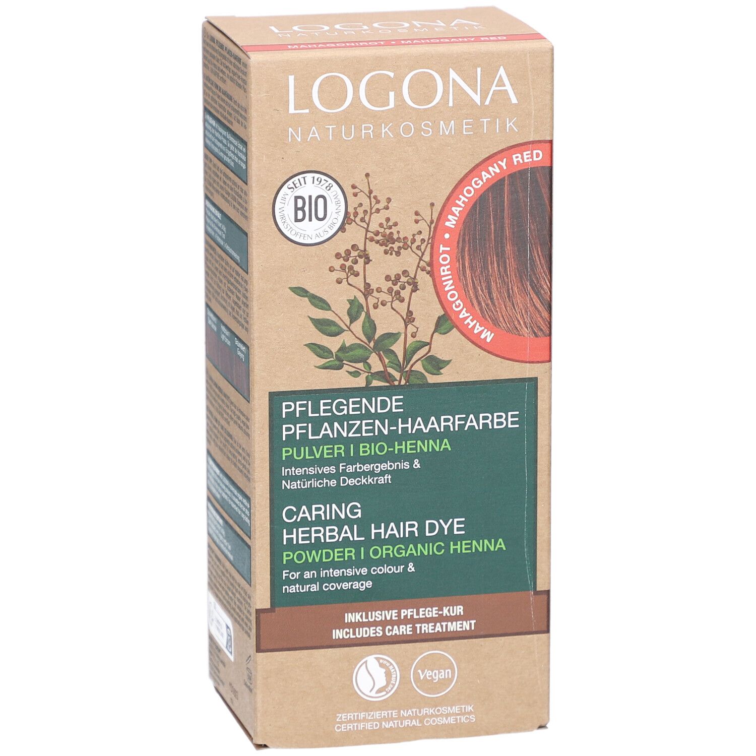 Logona plantenhaarverf poeder mahonie rood bio. Doos met productinfo en logo. Vegan.