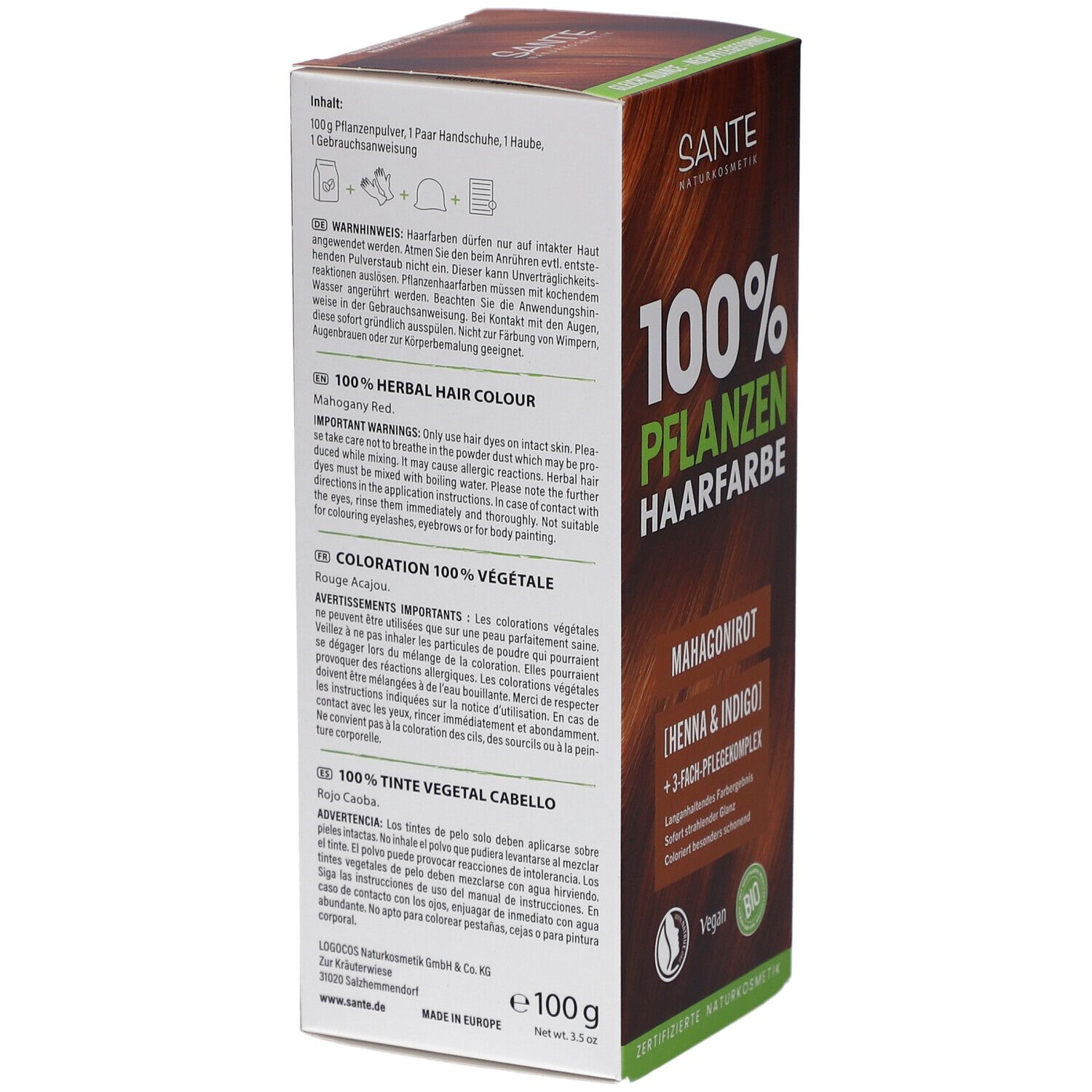 Dos de la boîte Sante Pflanzen Haarfarbe Mahagonirot. Informations multilingues. 100g.