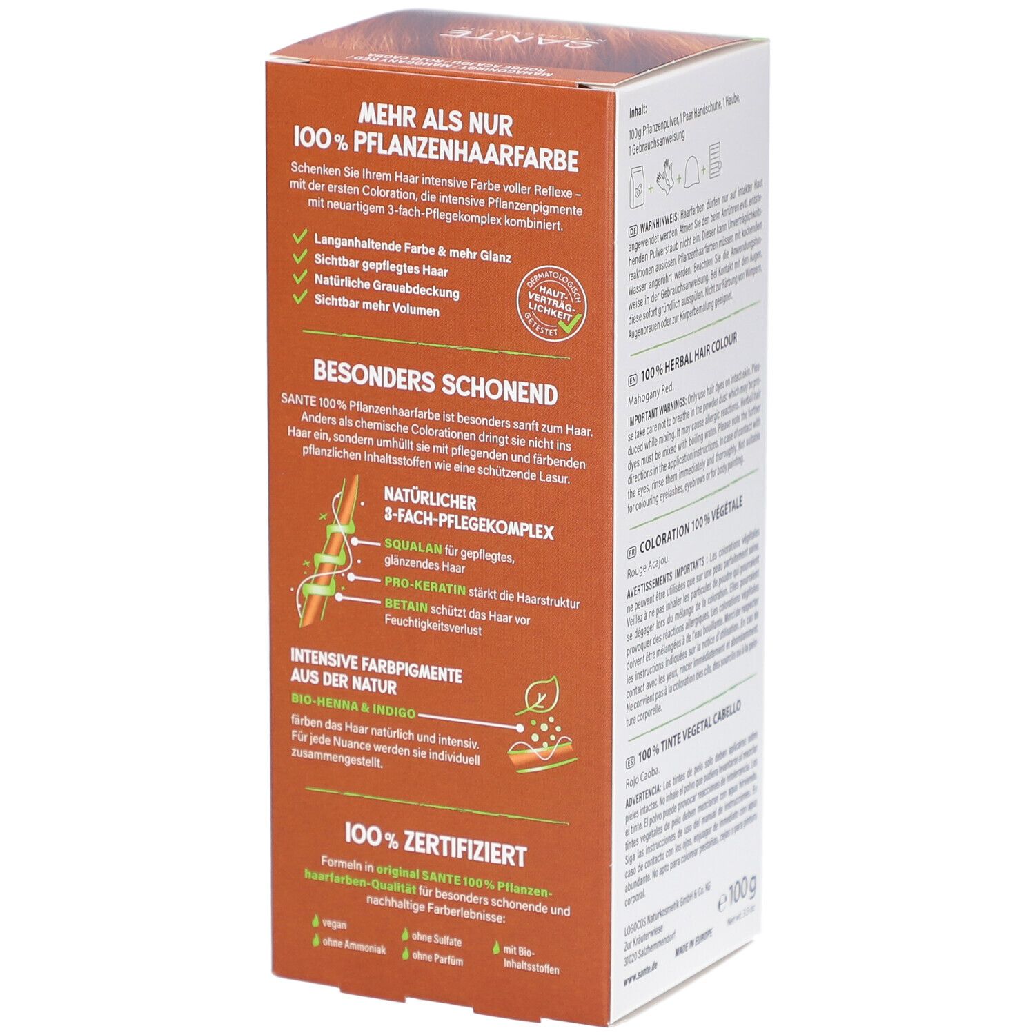 Côté de la boîte Sante Pflanzen Haarfarbe Mahagonirot. Informations et ingrédients. 100g.