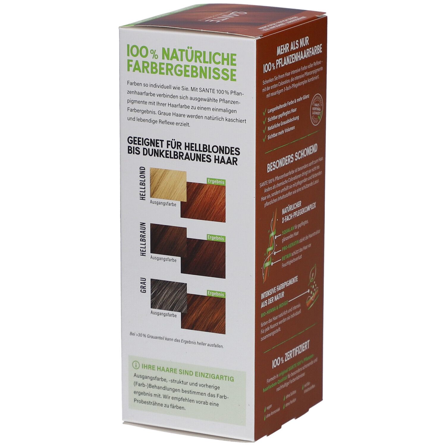Côté de la boîte Sante Pflanzen Haarfarbe Mahagonirot. Comparaison des couleurs pour cheveux.