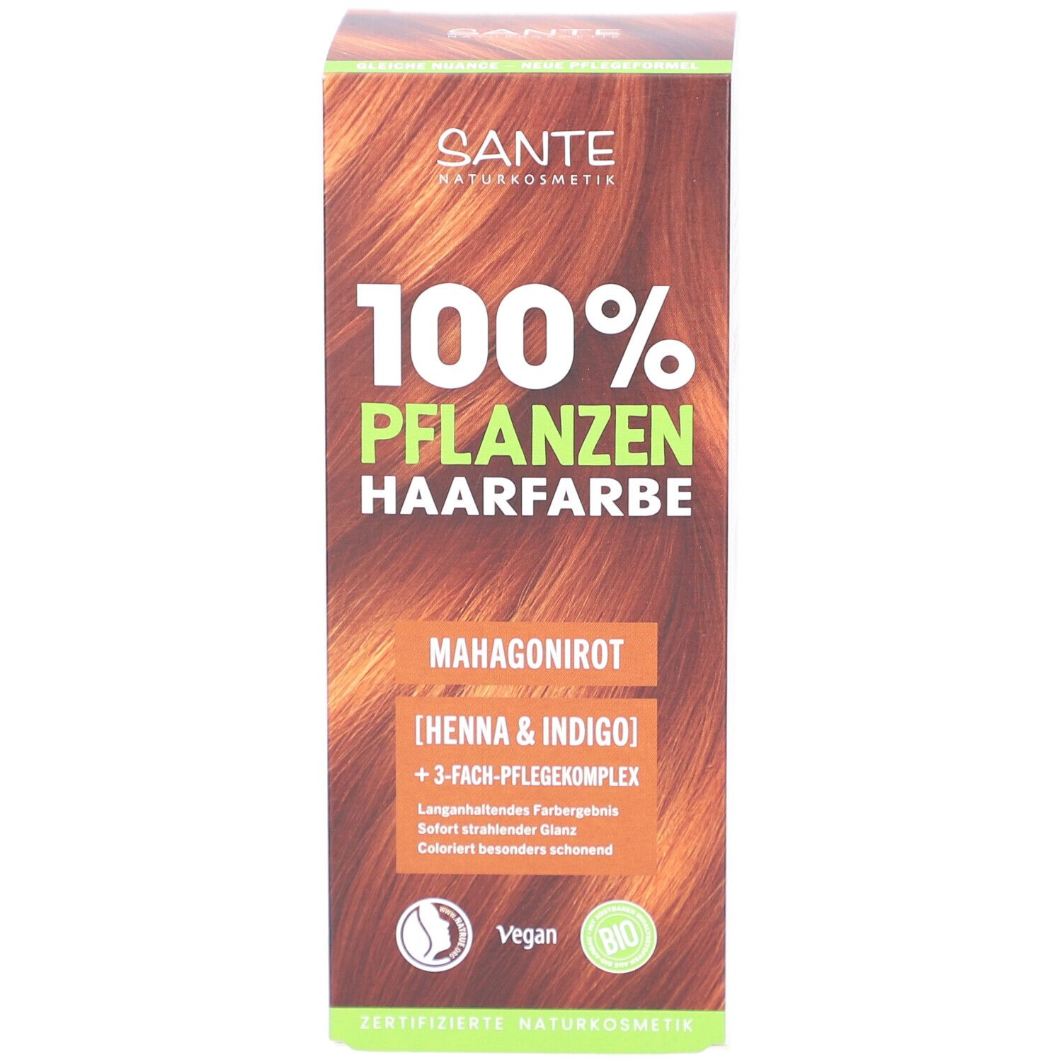 Face avant de Sante Pflanzen Haarfarbe Mahagonirot. Nom, logo et sceau du produit.