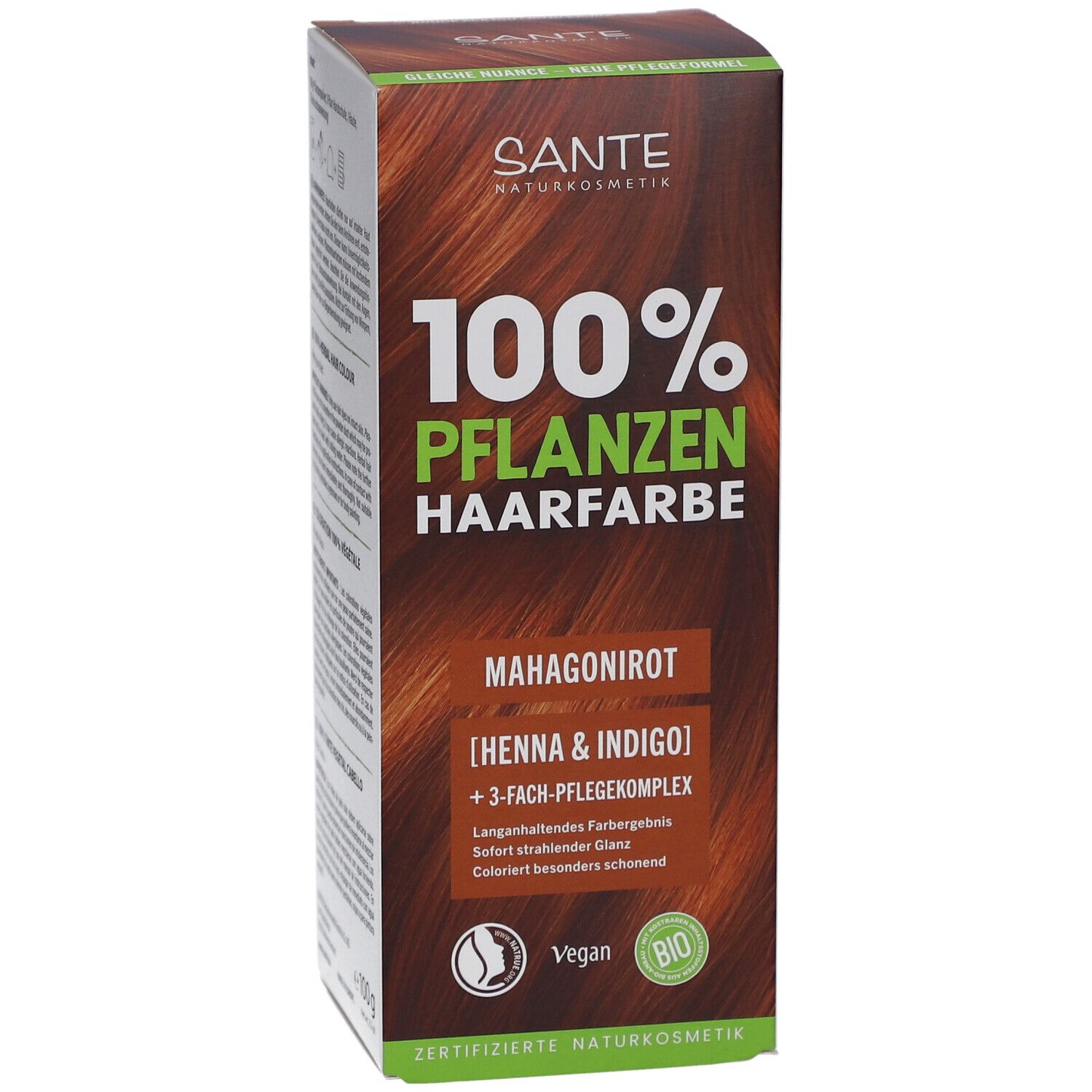 Face avant de Sante Pflanzen Haarfarbe Mahagonirot. Nom, logo et sceau du produit.