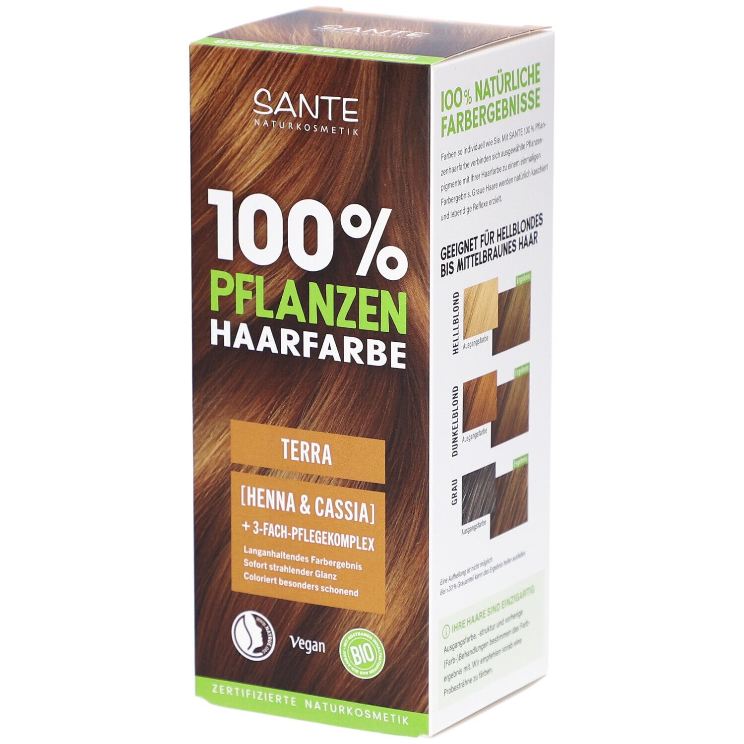 Verpakking van Sante Pflanzen Haarfarbe Terra. Groen-bruine doos met productinfo en logo.
