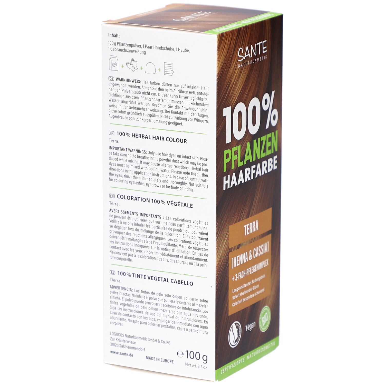 Achterkant van de Sante Pflanzen Haarfarbe Terra verpakking. Duitse tekst, waarschuwingen en ingrediënten.