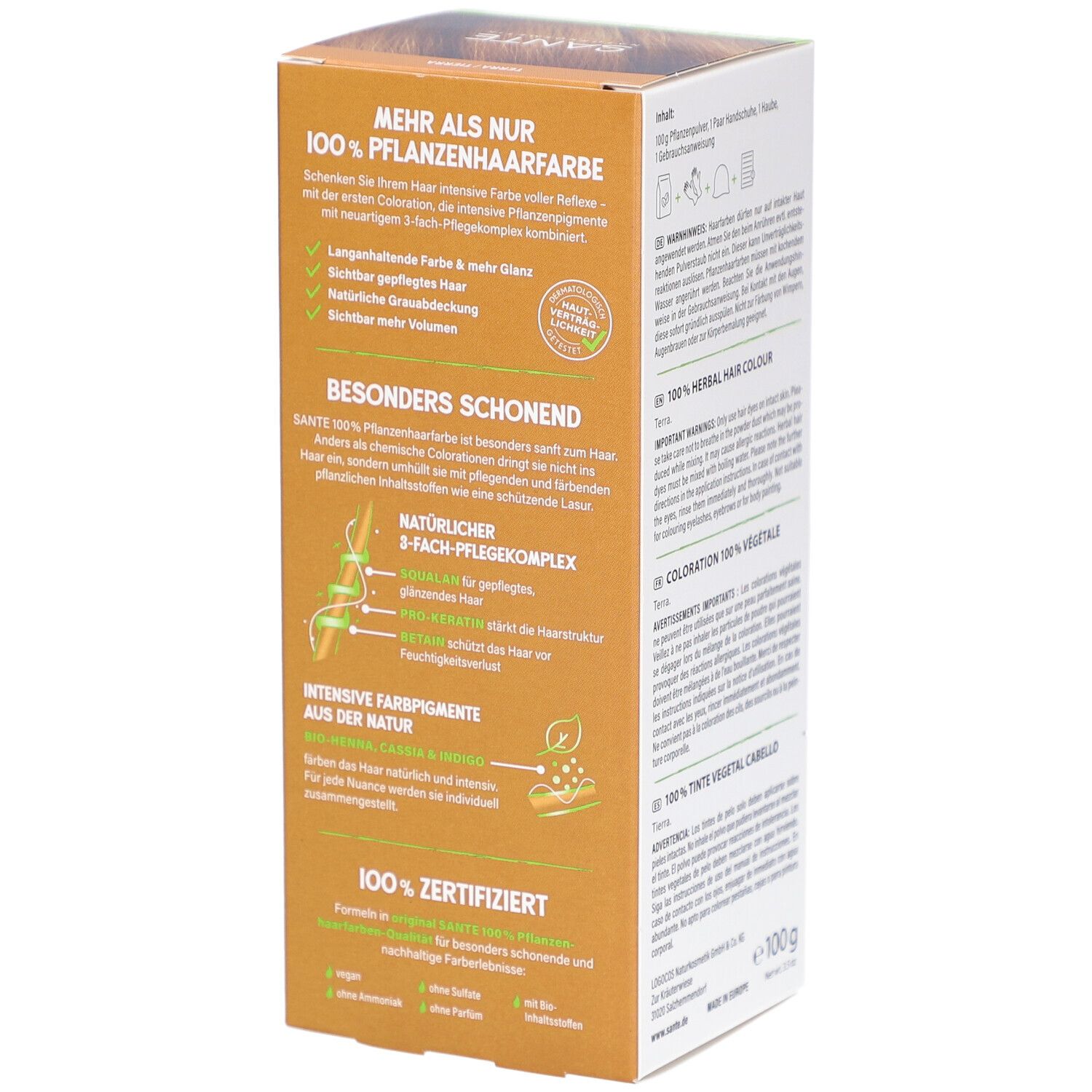 Zijkant van de Sante Pflanzen Haarfarbe Terra verpakking. Tekst met productvoordelen en certificeringen.