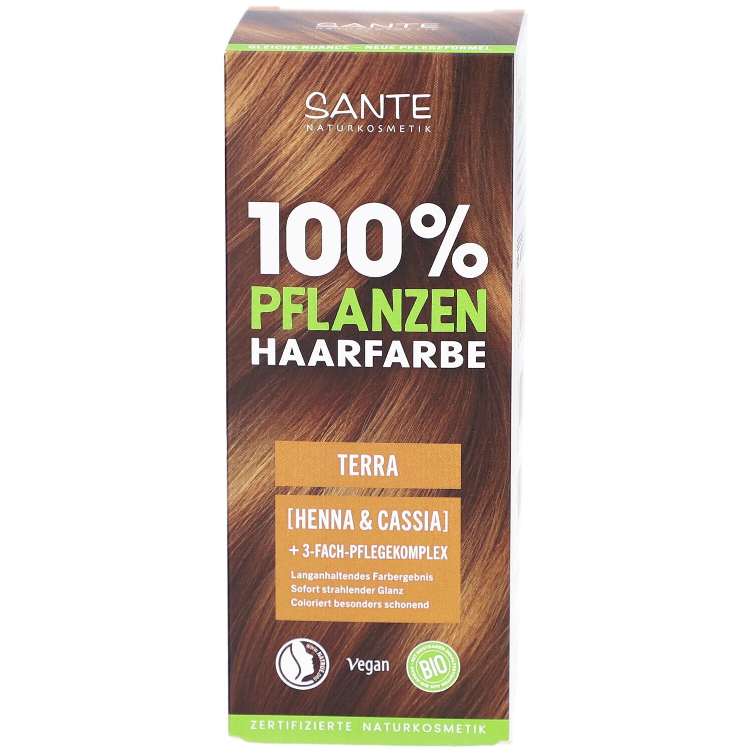 Vooraanzicht van de Sante Pflanzen Haarfarbe Terra verpakking. Productnaam en logo.