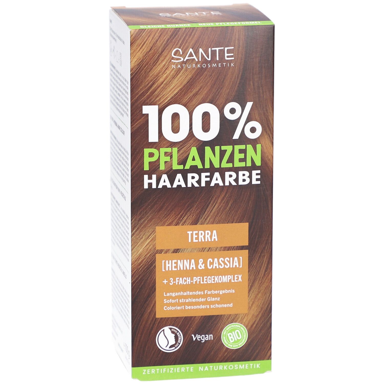 Vooraanzicht van de Sante Pflanzen Haarfarbe Terra verpakking. Productnaam en logo.