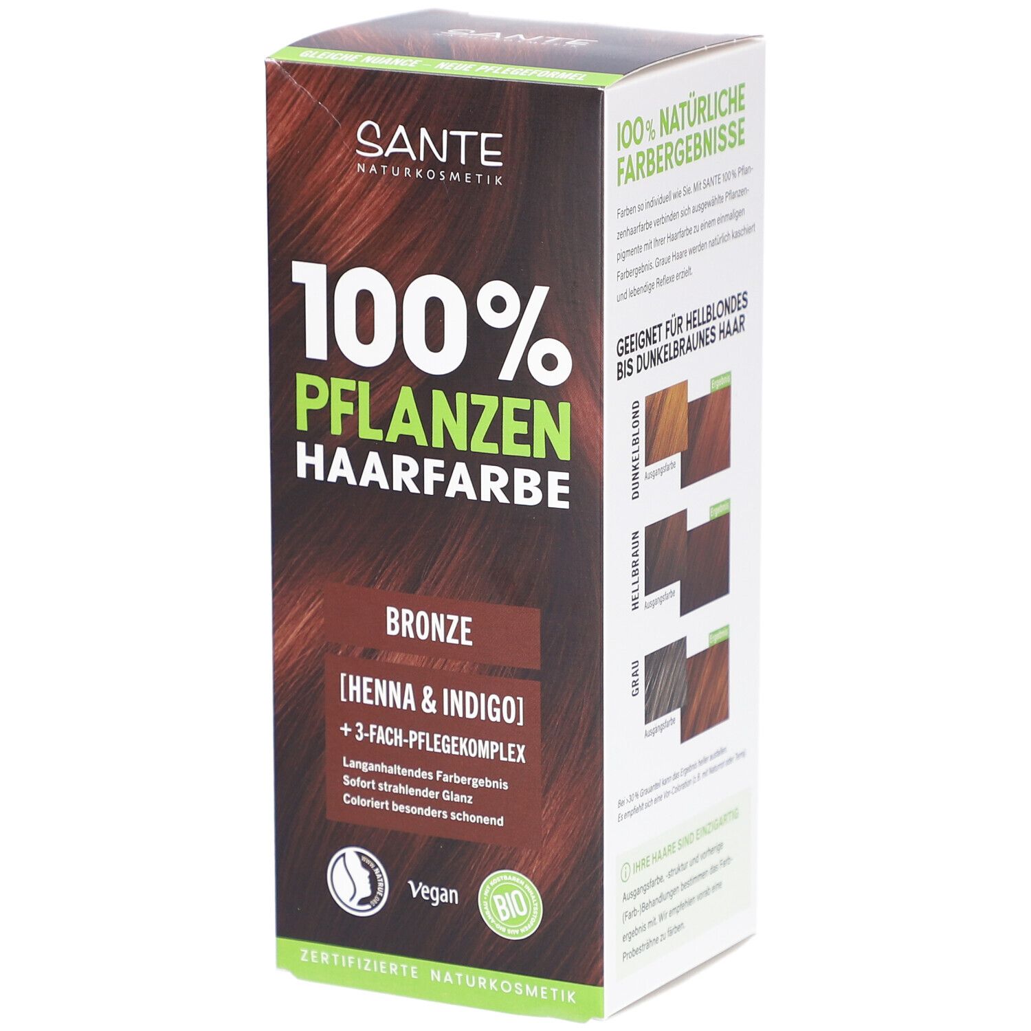 Verpakking van SANTE 100% Pflanzenhaarfarbe, Bronze 03. Bevat henna & indigo. Vegan en biologisch gecertificeerd.