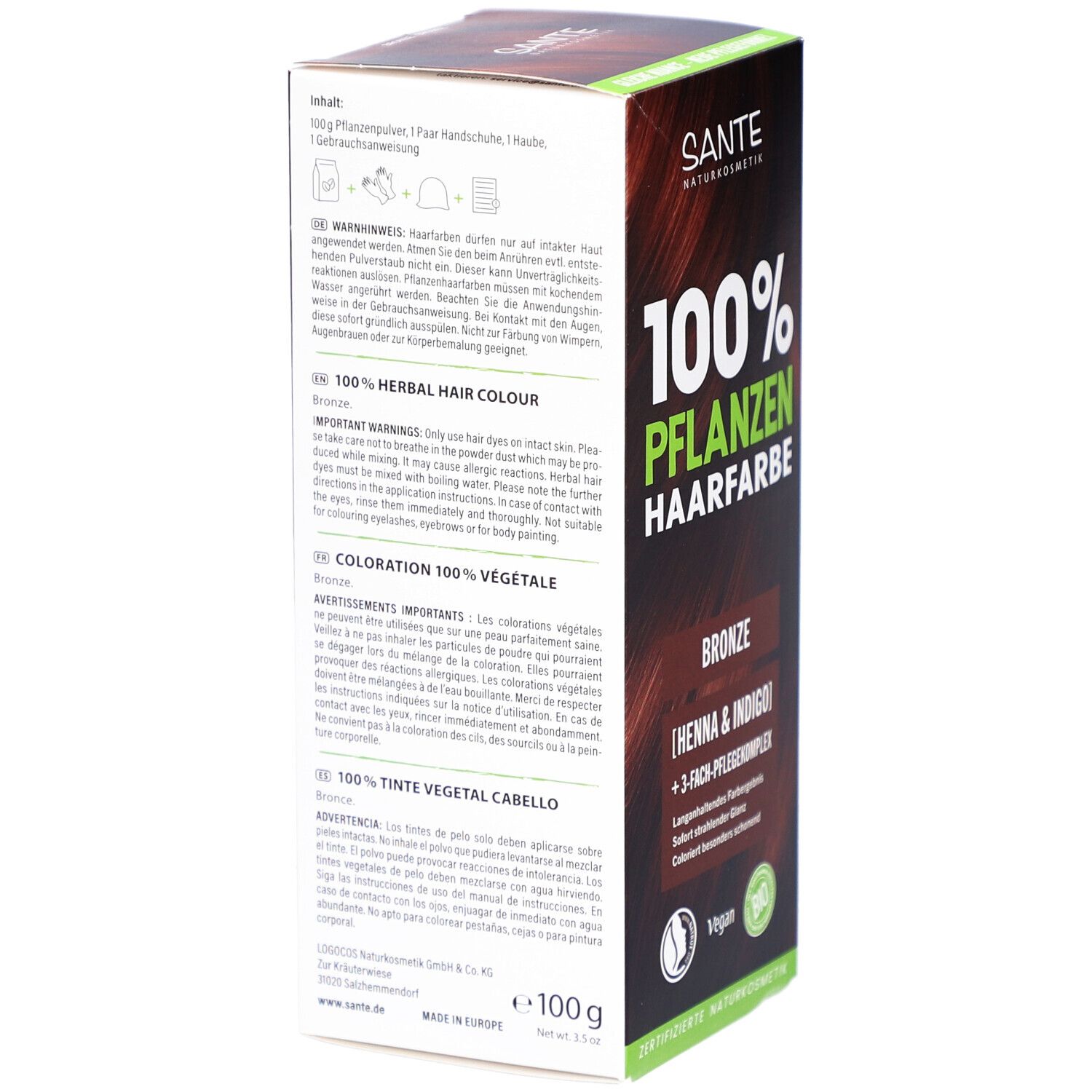 Achterkant van de verpakking van SANTE 100% Pflanzenhaarfarbe. Bevat waarschuwingen en ingrediënten. 100g.