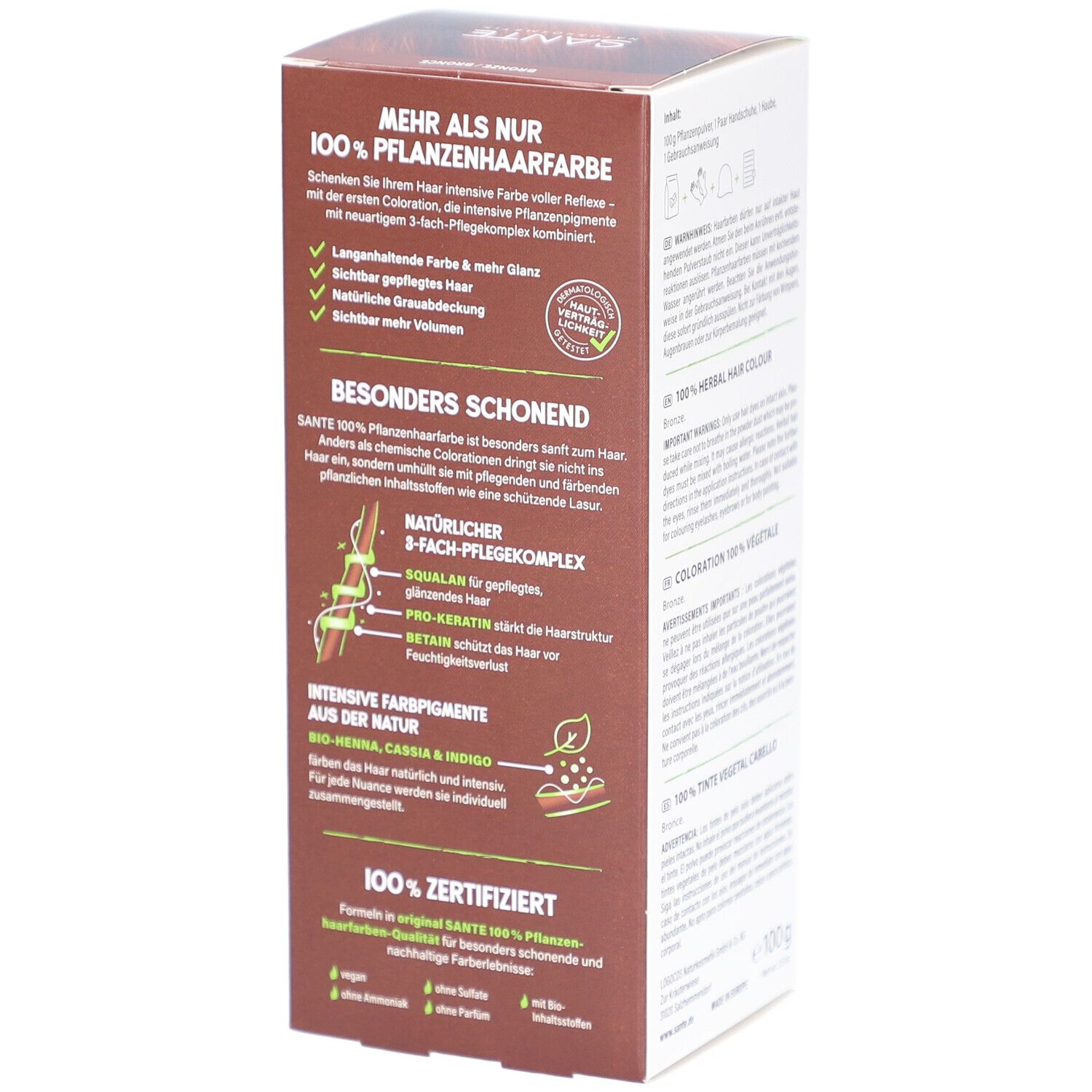Verpakking van SANTE 100% Pflanzenhaarfarbe. Informatie over 3-voudig verzorgingscomplex en ingrediënten. 100g.