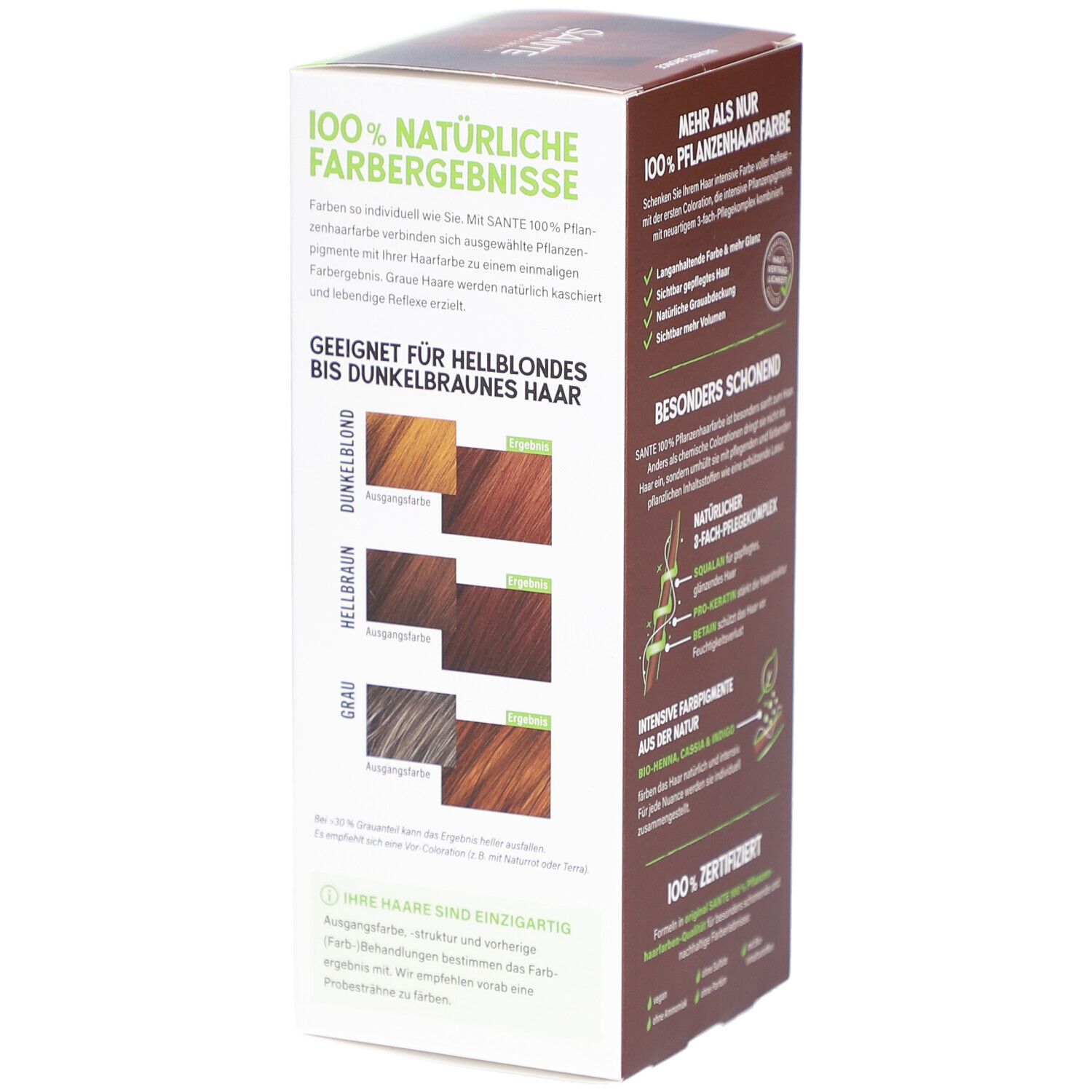 Verpakking van SANTE 100% Pflanzenhaarfarbe. Toont kleurresultaten voor lichtblond tot donkerbruin haar. 100g.