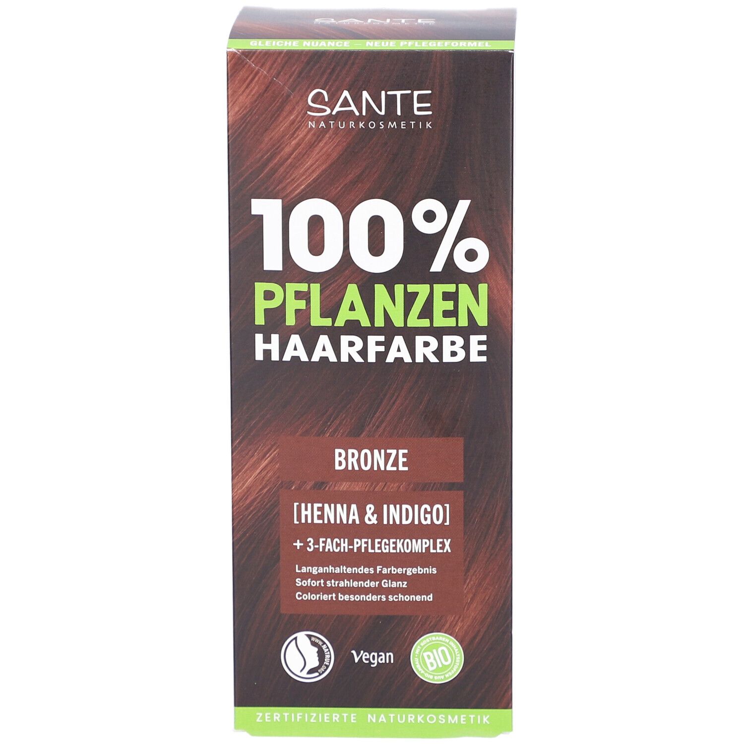 Voorkant van de verpakking van SANTE 100% Pflanzenhaarfarbe, Bronze 03. Bevat henna & indigo. Vegan en biologisch gecertificeerd.