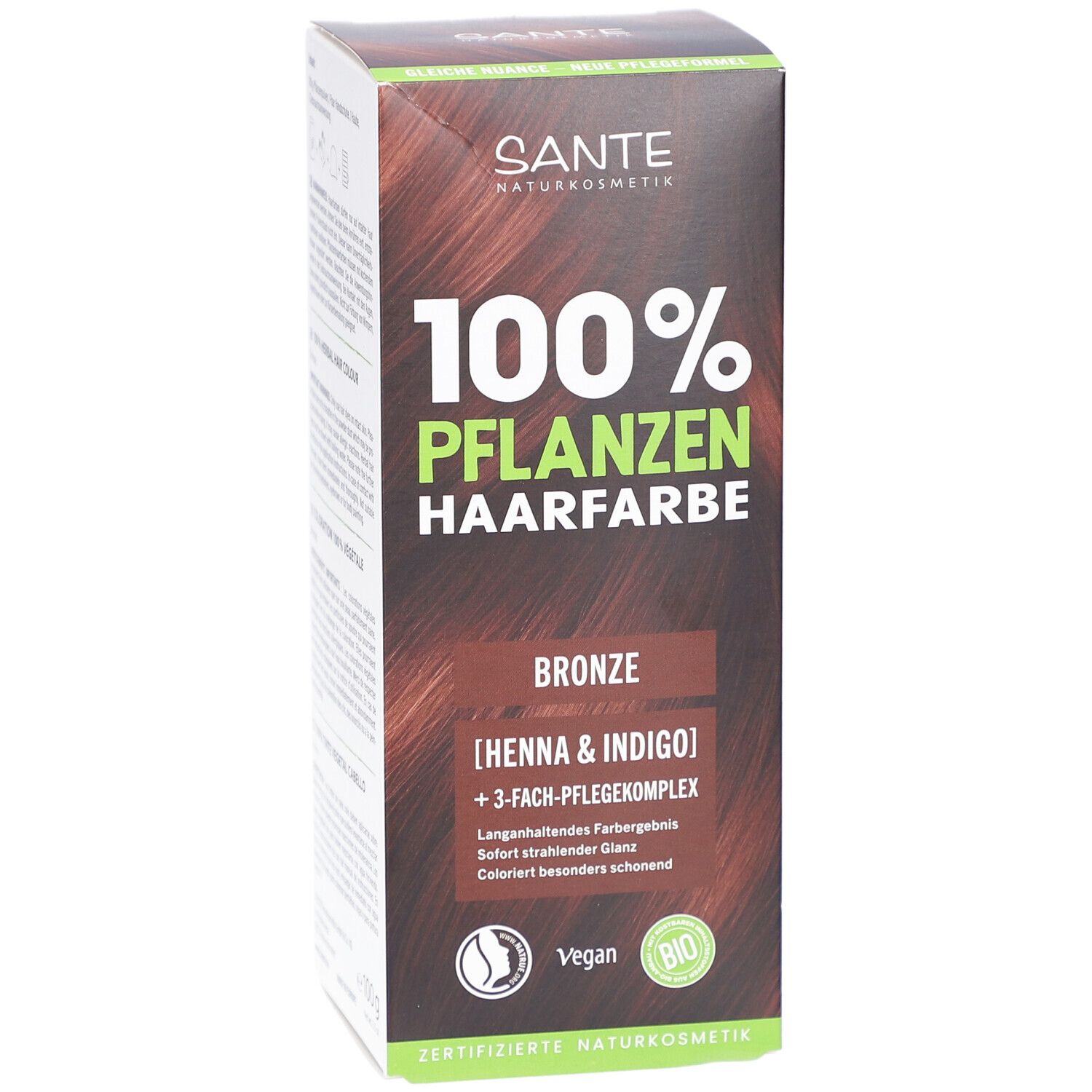 Verpakking van SANTE 100% Pflanzenhaarfarbe, Bronze 03. Bevat henna & indigo. Vegan en biologisch gecertificeerd.