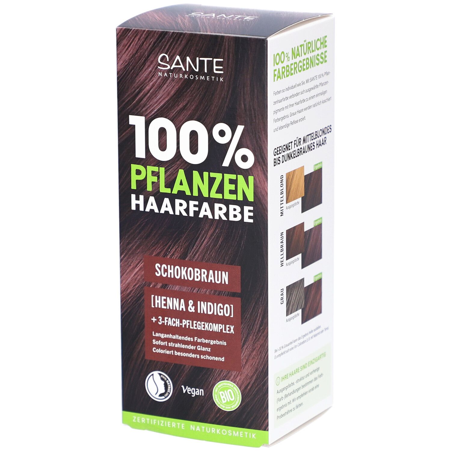Sante coloration végétale Schokobraun. Boîte avec informations produit et logo. Labels Vegan et Bio.