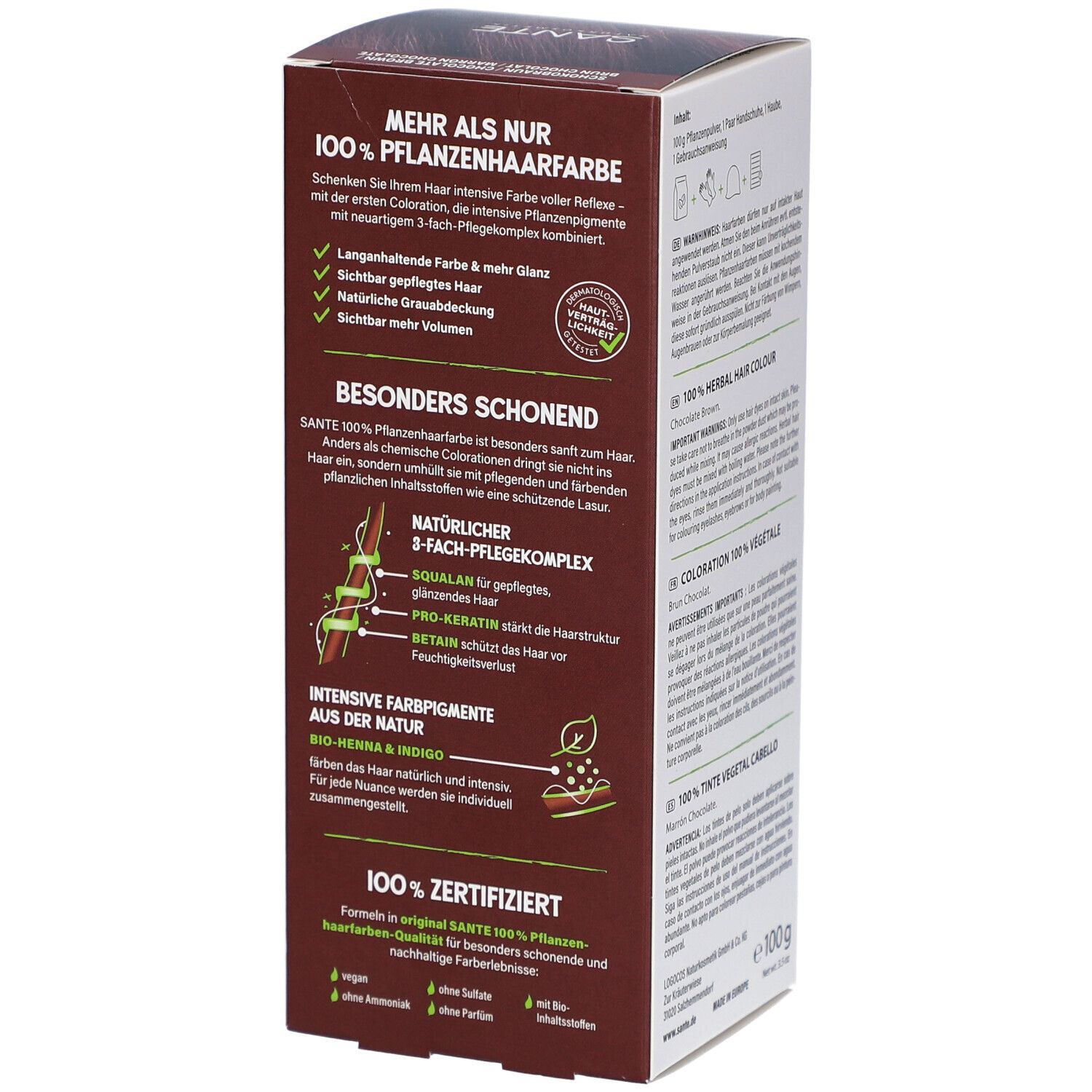 Côté de la coloration végétale Sante Schokobraun. Texte sur avantages et ingrédients. Certification Bio.
