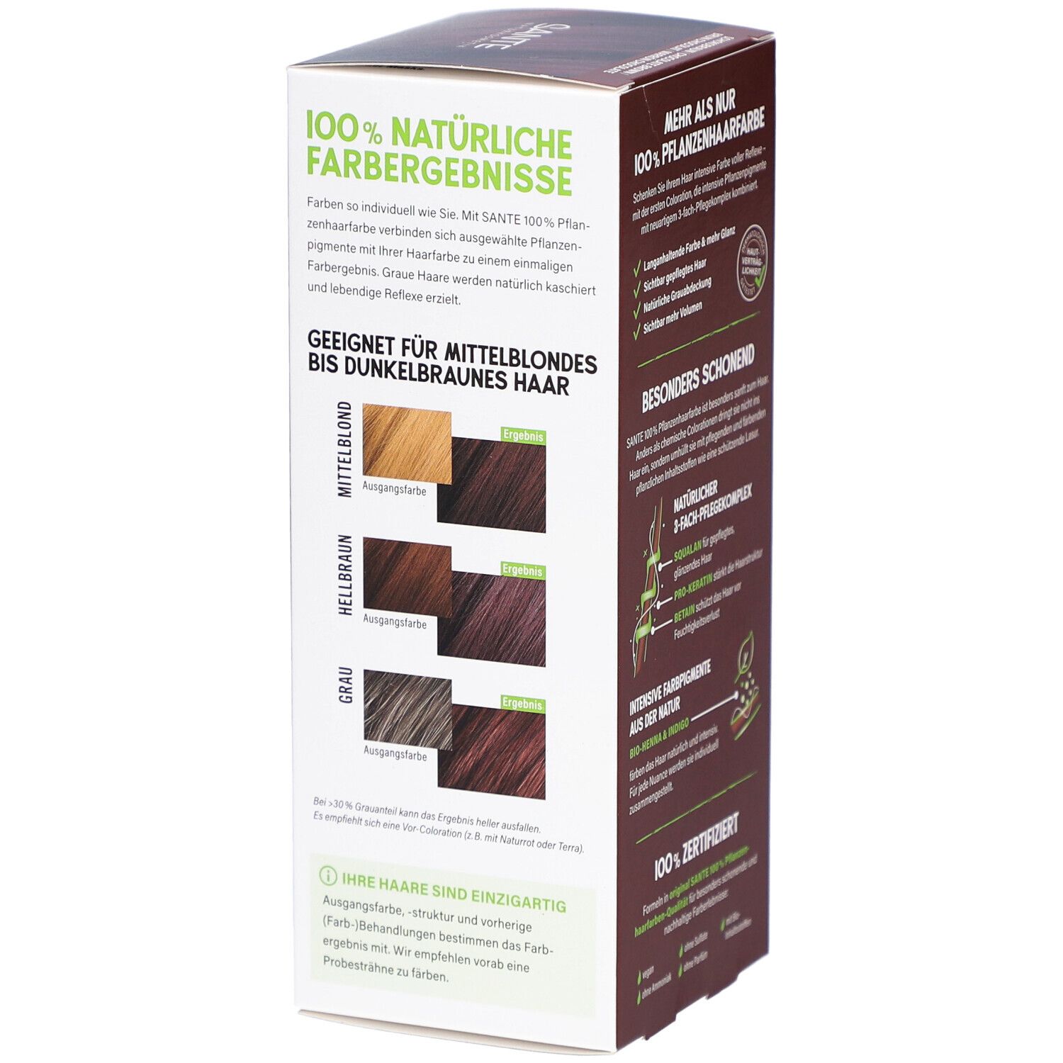 Côté de la coloration végétale Sante Schokobraun. Résultats couleur pour différents types de cheveux. Bio.