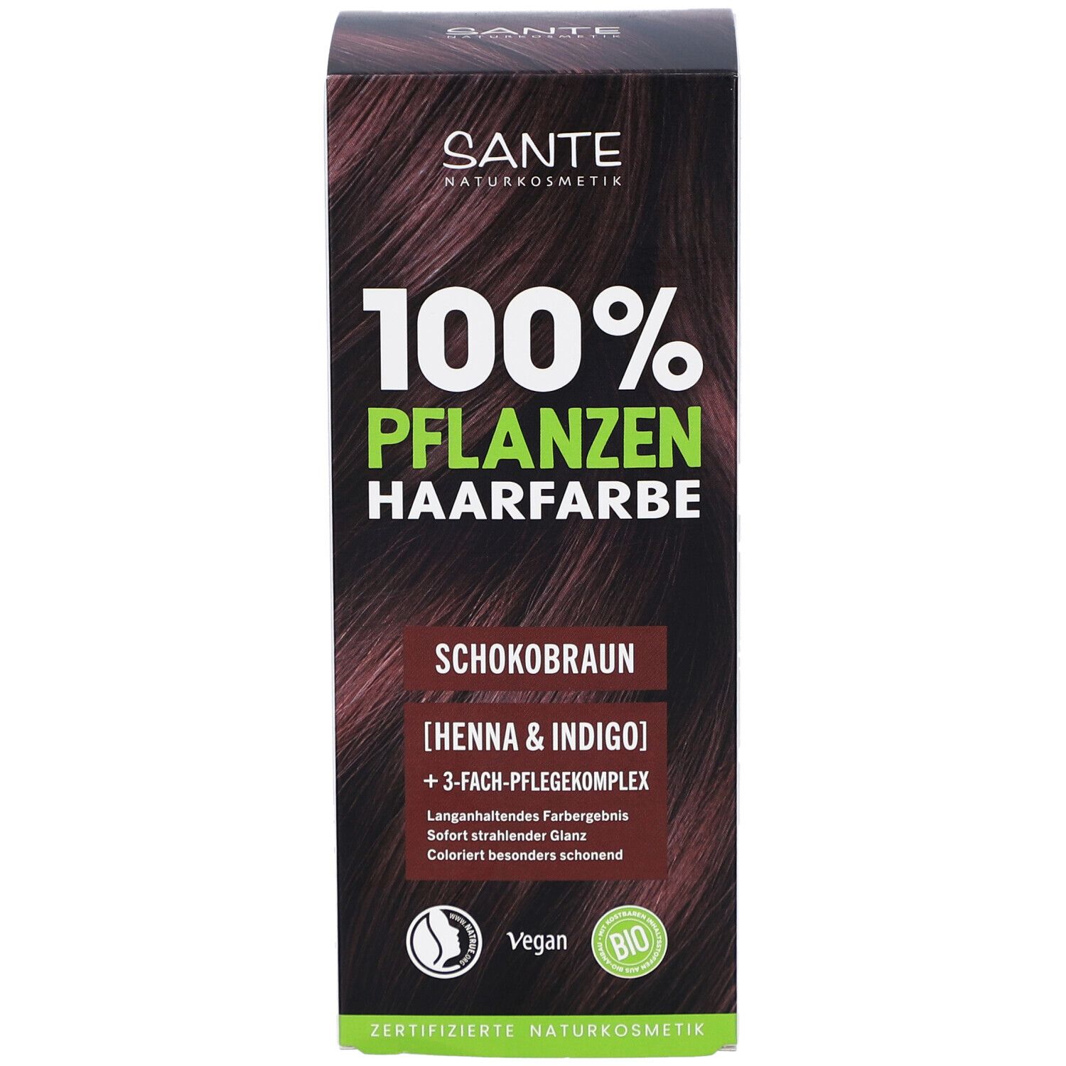 Sante coloration végétale Schokobraun. Face avant avec nom et logo. Labels Vegan et Bio.