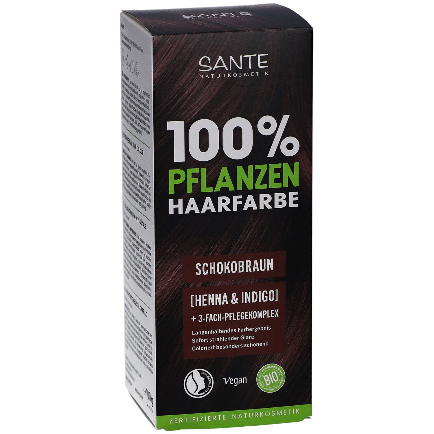 Sante coloration végétale Schokobraun. Vue avant de l'emballage. Nom, logo et labels.