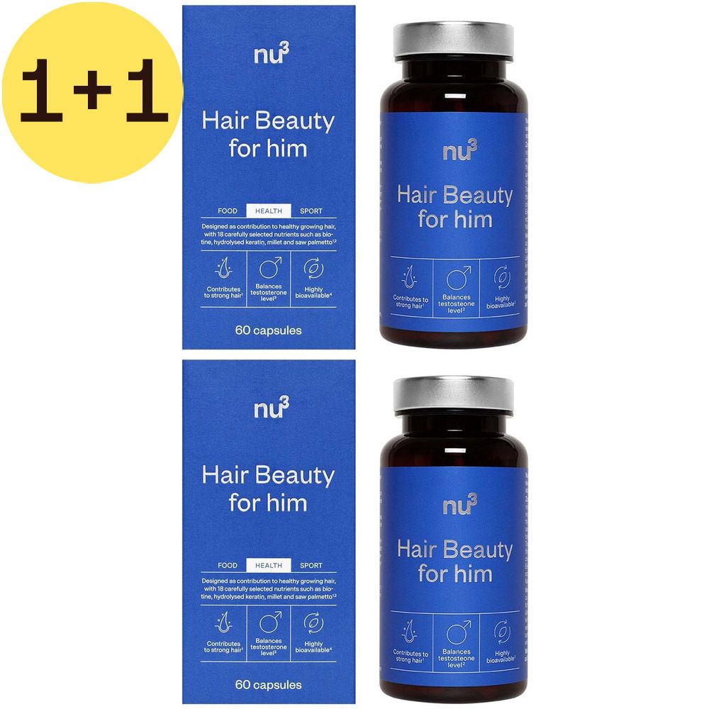 Twee flessen en twee verpakkingen nu3 Hair Beauty for him. Blauwe verpakking met witte tekst. Capsules.