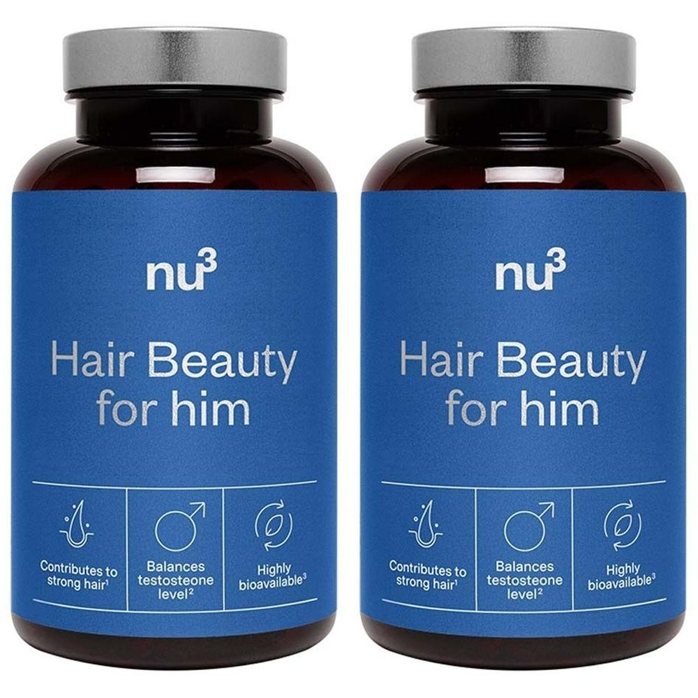 Deux flacons de nu3 Hair Beauty for him. Étiquettes bleues, texte blanc. Complément pour hommes.