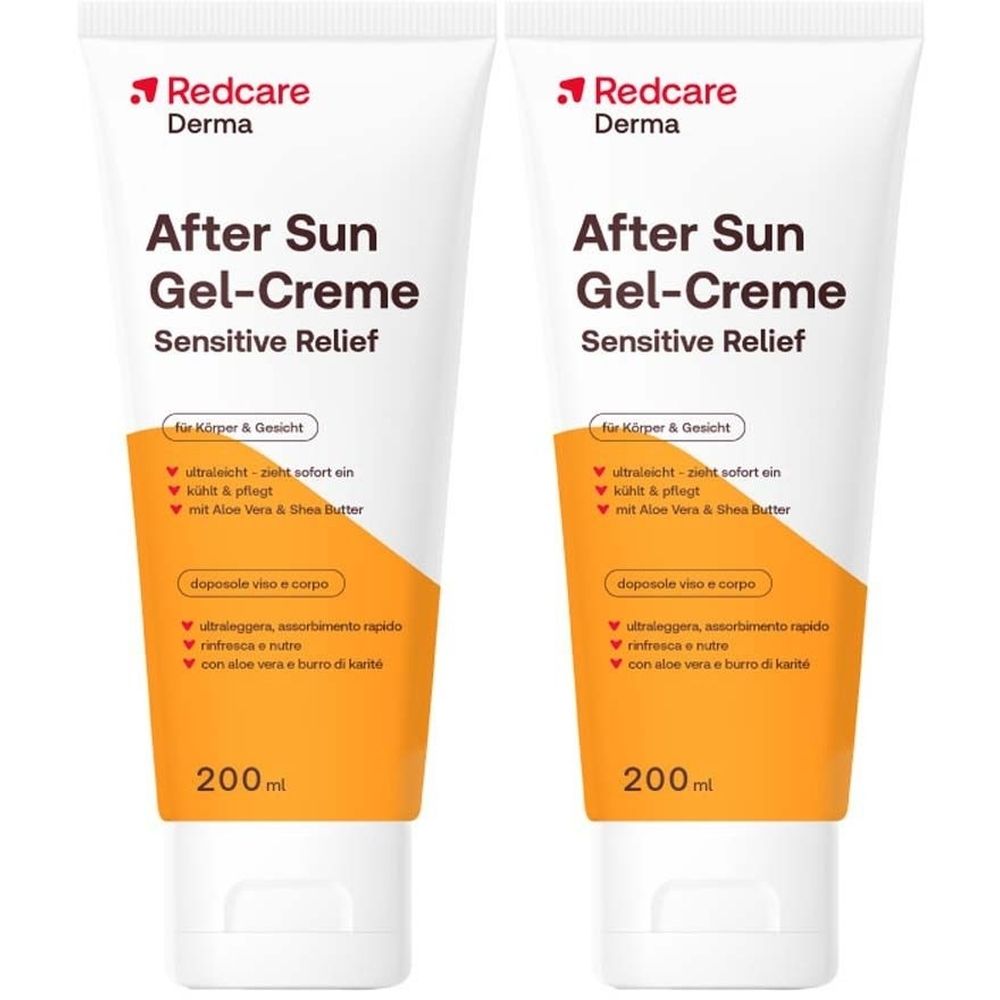 Deux tubes de Redcare Derma After Sun Gel-Crème Sensitive Relief avec offre 1+1. Tubes blancs avec section orange et informations produit.