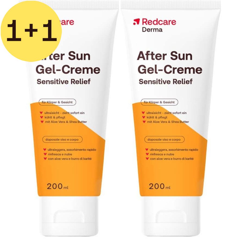 Twee tubes Redcare Derma After Sun Gel-Crème Sensitive Relief met 1+1 aanbieding. Witte tubes met oranje gedeelte en productinfo.
