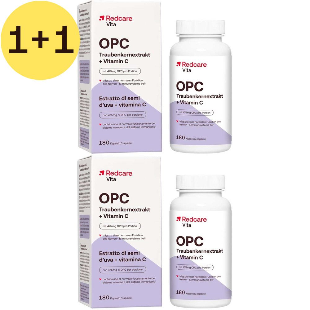 Twee dozen en twee flessen Redcare Vita OPC Druivenpitextract + Vitamine C. Opschrift: OPC, 180 capsules.