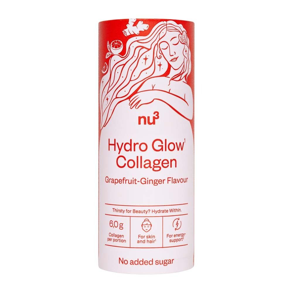 Rode cilindrische doos. Opschrift: nu3 Hydro Glow Collagen, Grapefruit-Gember smaak. Bevat 6,0g collageen per portie.