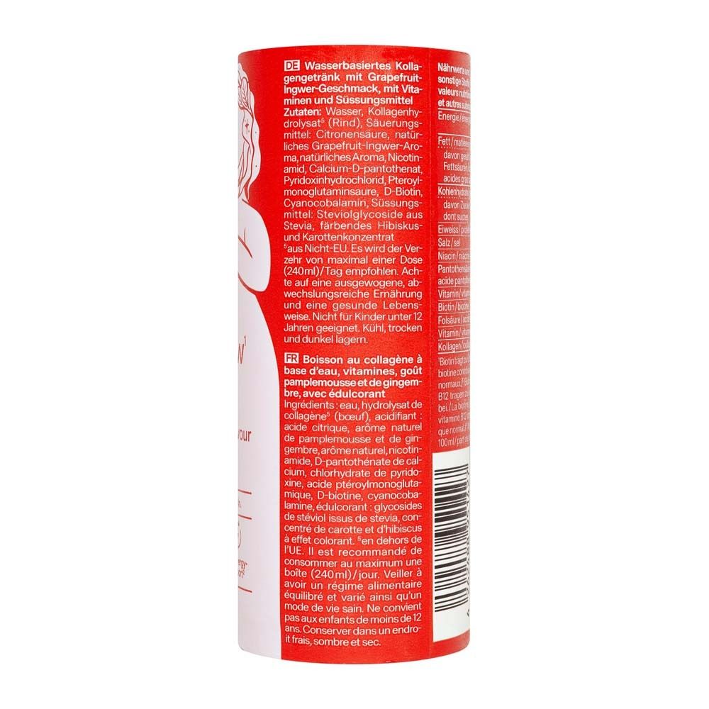 Achterkant van de rode cilindrische doos. Bevat ingrediënten en voedingswaarde-informatie. Tekst in het Duits en Frans. Met QR-code en logo.