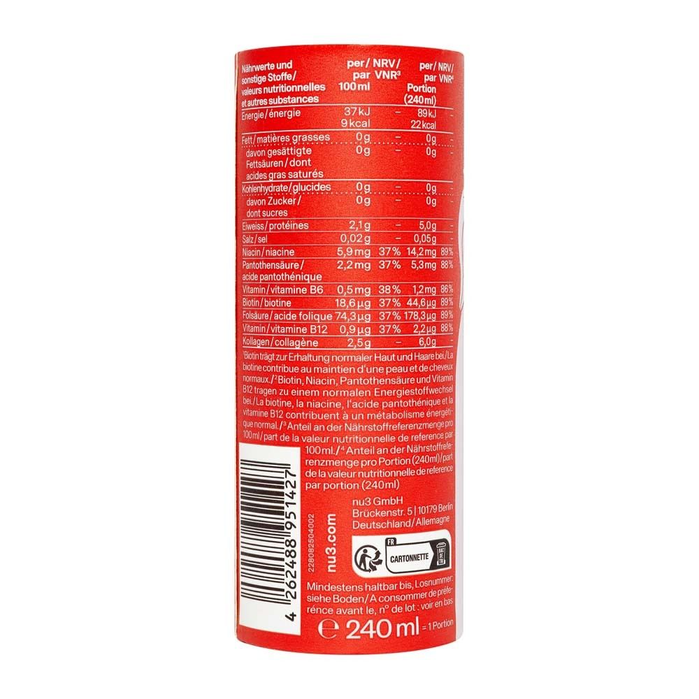 Achterkant van de rode cilindrische doos. Bevat voedingswaarde-informatie per 100ml en per portie (240ml). Met barcode en fabrikantenadres.