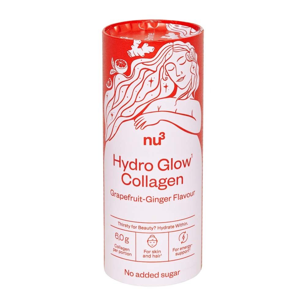 Rode cilindrische doos. Opschrift: nu3 Hydro Glow Collagen, Grapefruit-Gember smaak. Bevat 6,0g collageen per portie.