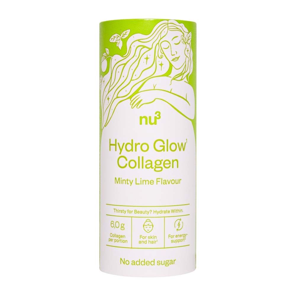 Cilindrische doos met groen deksel. Opschrift: nu3 Hydro Glow Collagen, Minty Lime Flavour. Illustratie van een vrouw.