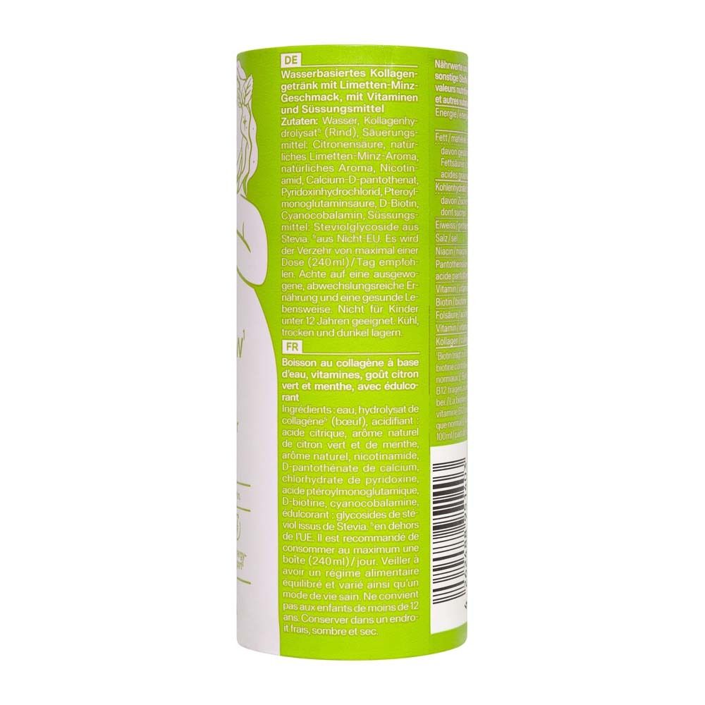 Achterkant van de doos. Tekst in het Duits en Frans. Ingrediëntenlijst, voedingswaarde-informatie, fabrikantgegevens.