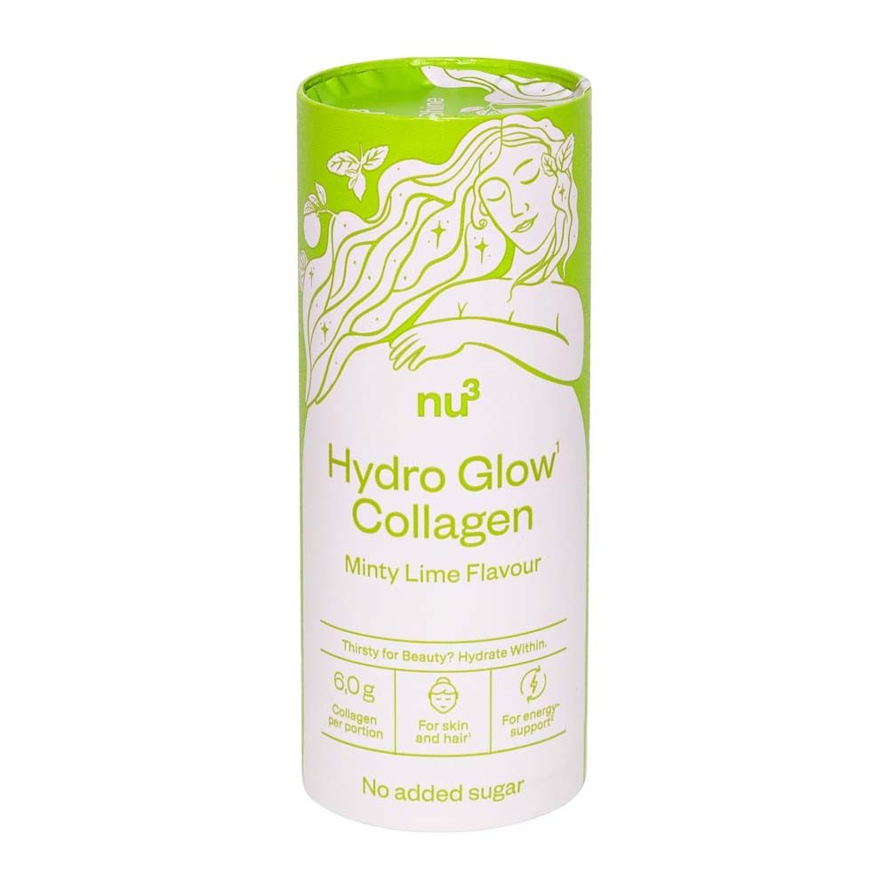 Cilindrische doos met groen deksel. Opschrift: nu3 Hydro Glow Collagen, Minty Lime Flavour. Illustratie van een vrouw.
