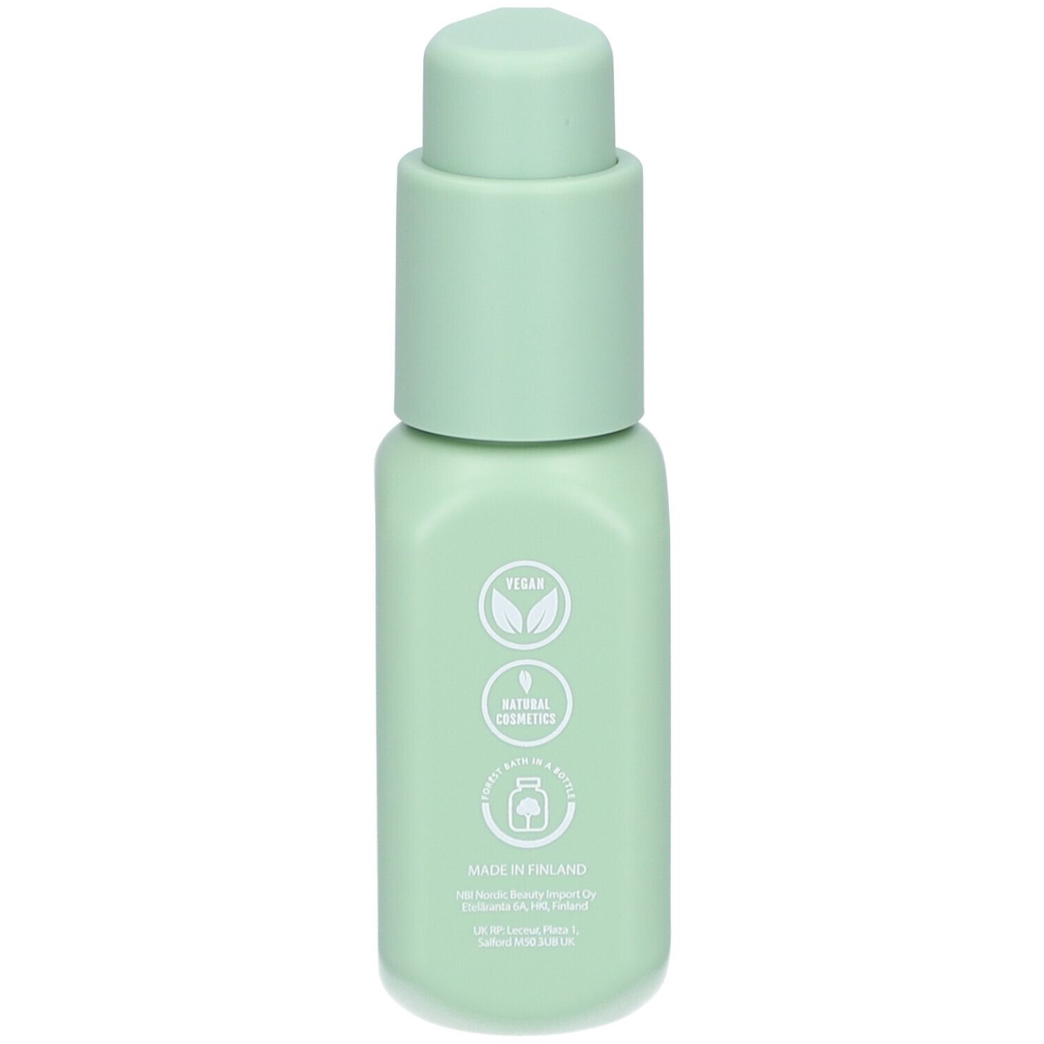 Côté du flacon NOBE Forest Elixir avec sceaux Vegan et Cosmétiques Naturels.