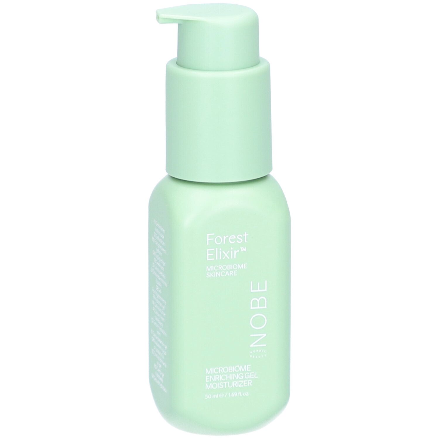 Crème hydratante gel microbiome Forest Elixir NOBE, flacon vert pâle avec pompe.