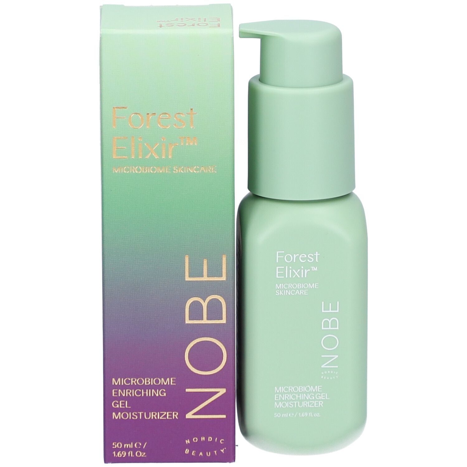 Crème hydratante gel microbiome Forest Elixir NOBE à côté de sa boîte d'emballage.