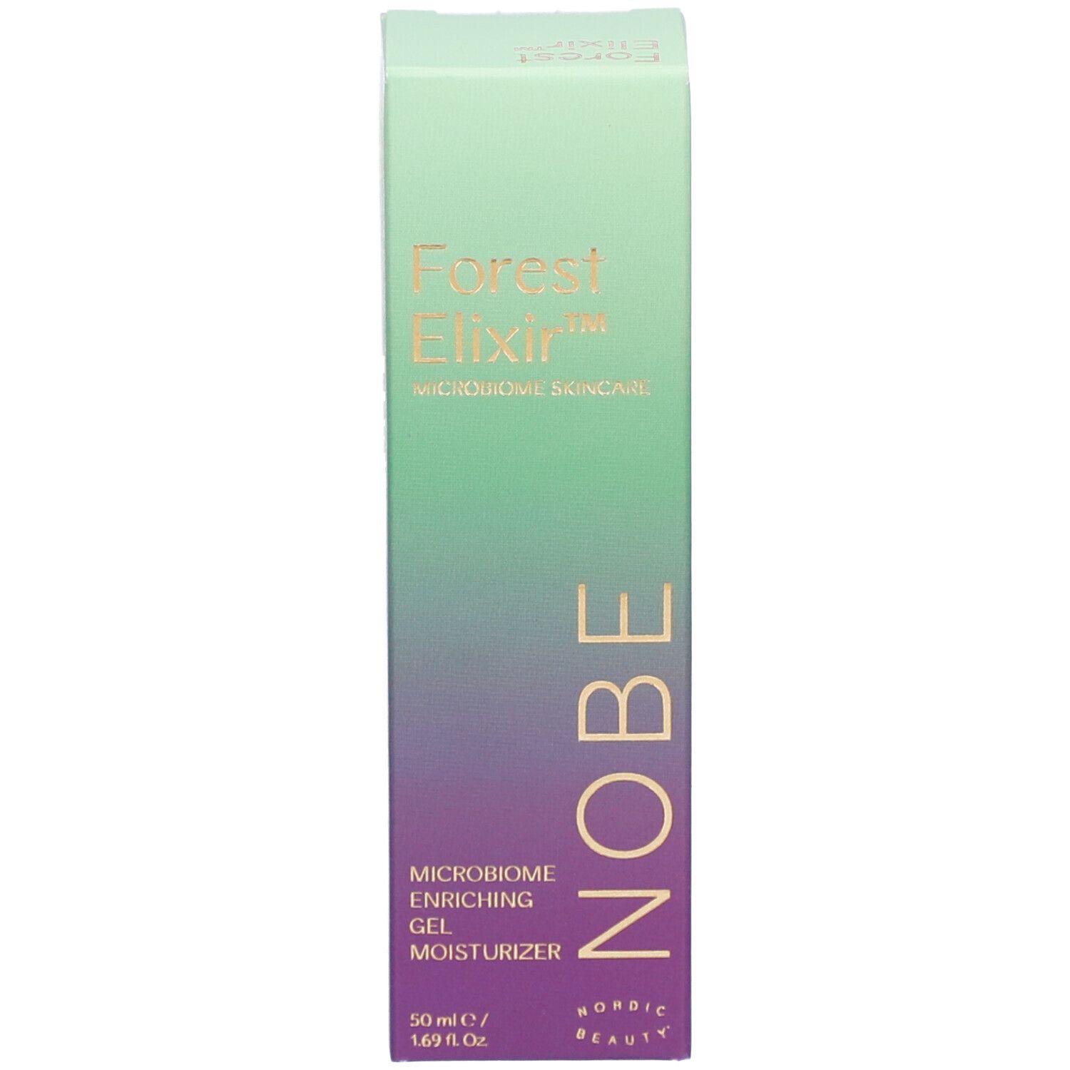 Boîte d'emballage pour crème hydratante gel microbiome Forest Elixir NOBE avec dégradé.