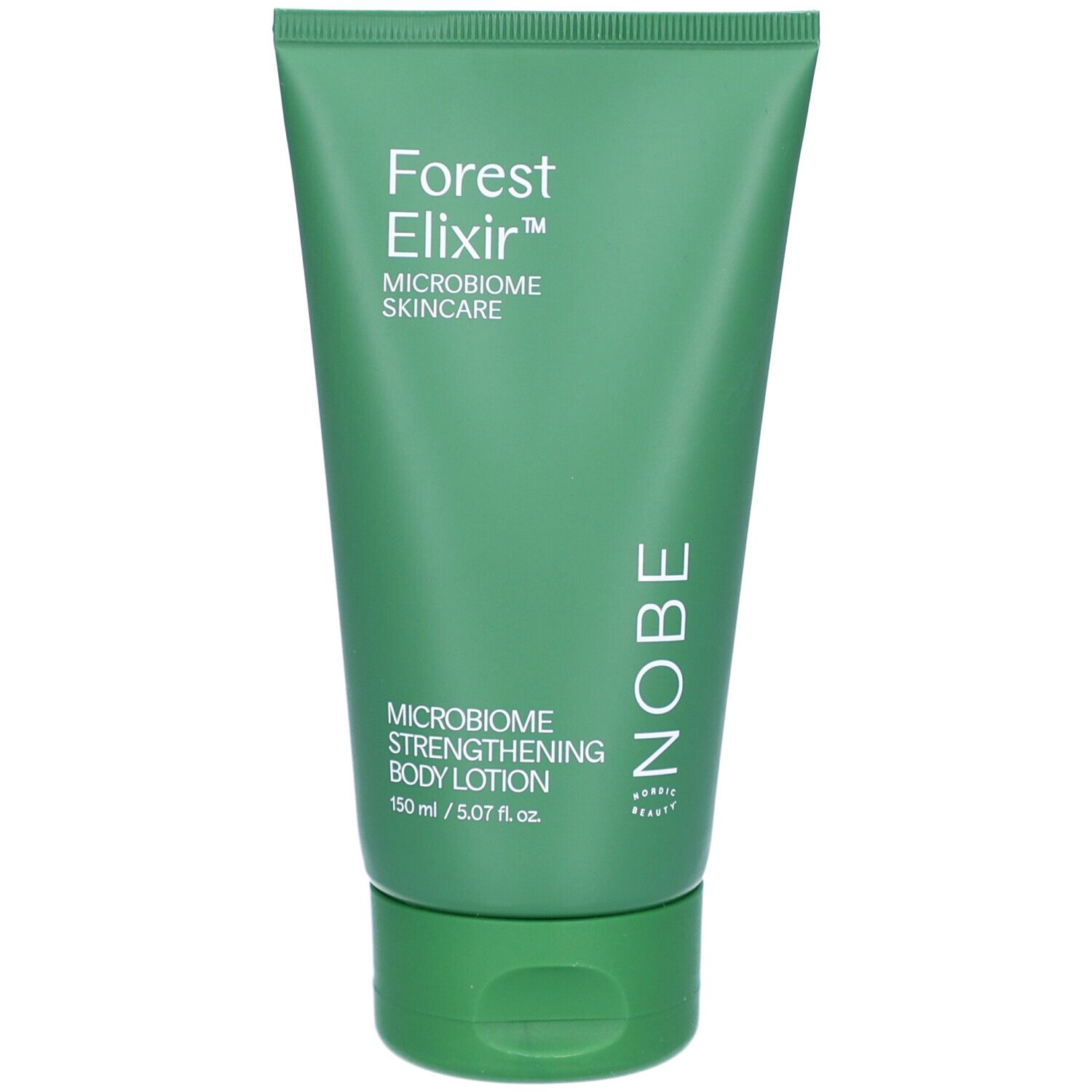 Tube vert avec inscription blanche : Forest Elixir, Microbiome Skincare, NOBE, Microbiome Strengthening Body Lotion.