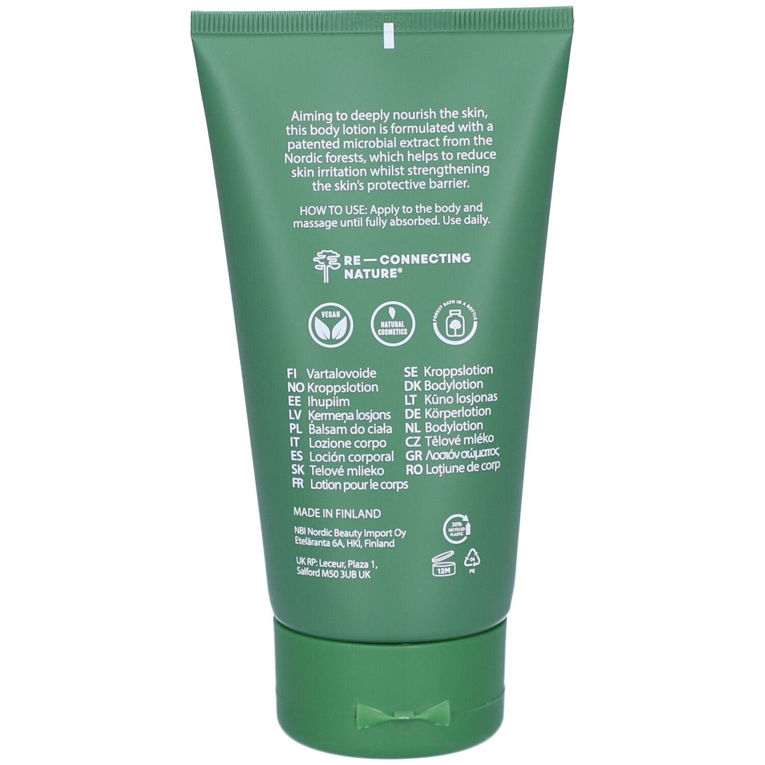 Arrière d'un tube vert avec texte sur les ingrédients et l'utilisation, ainsi que des sceaux et l'origine.