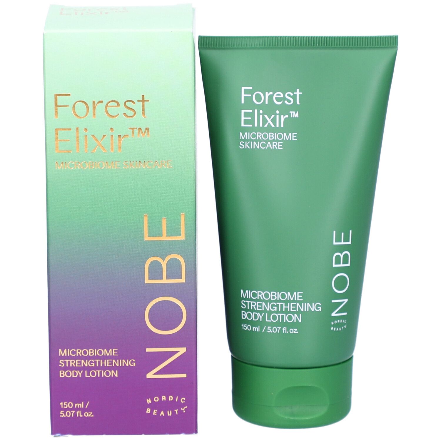 Tube vert et boîte rectangulaire pour la lotion corporelle NOBE Forest Elixir Microbiome Strengthening.