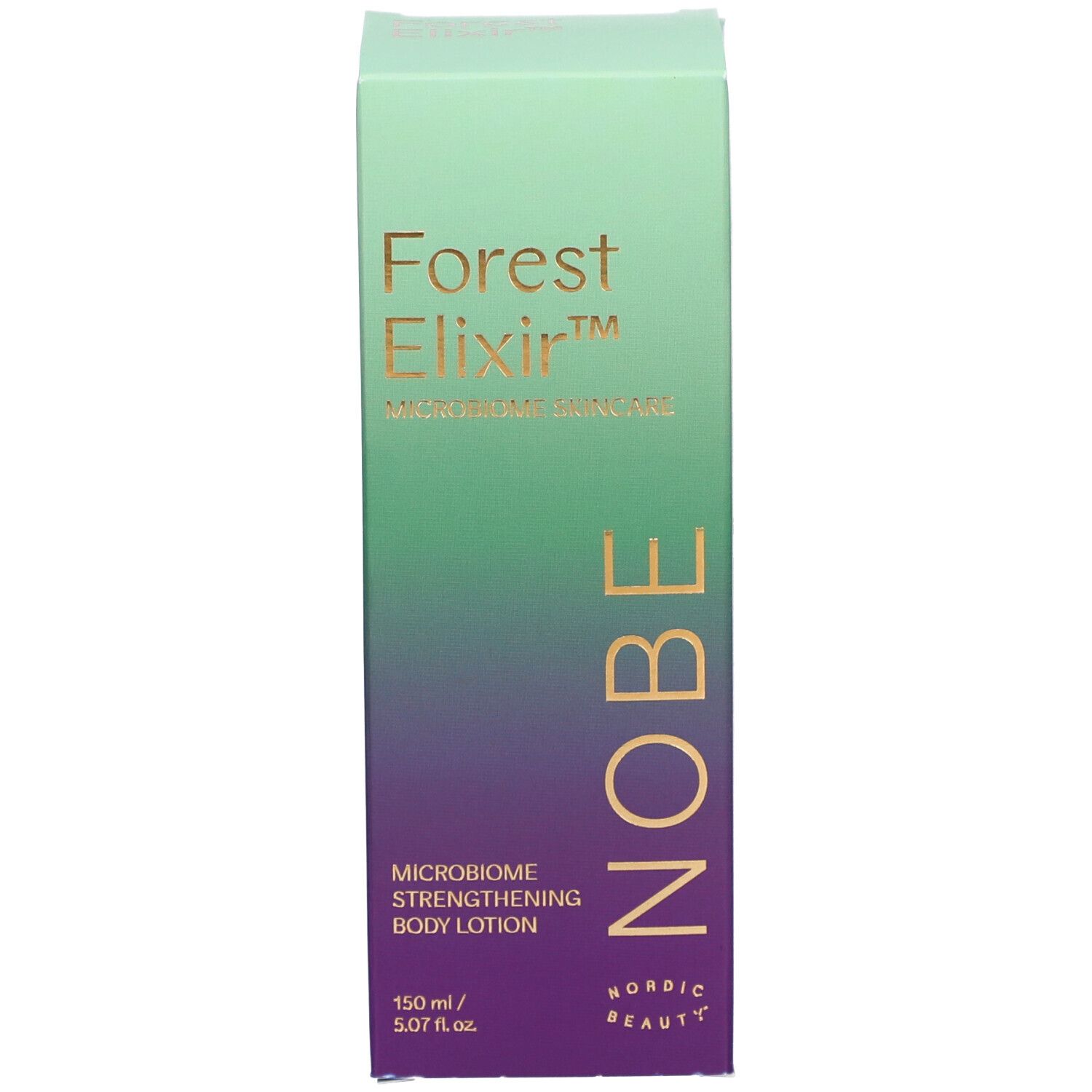Boîte d'emballage pour la lotion corporelle NOBE Forest Elixir Microbiome Strengthening avec dégradé.