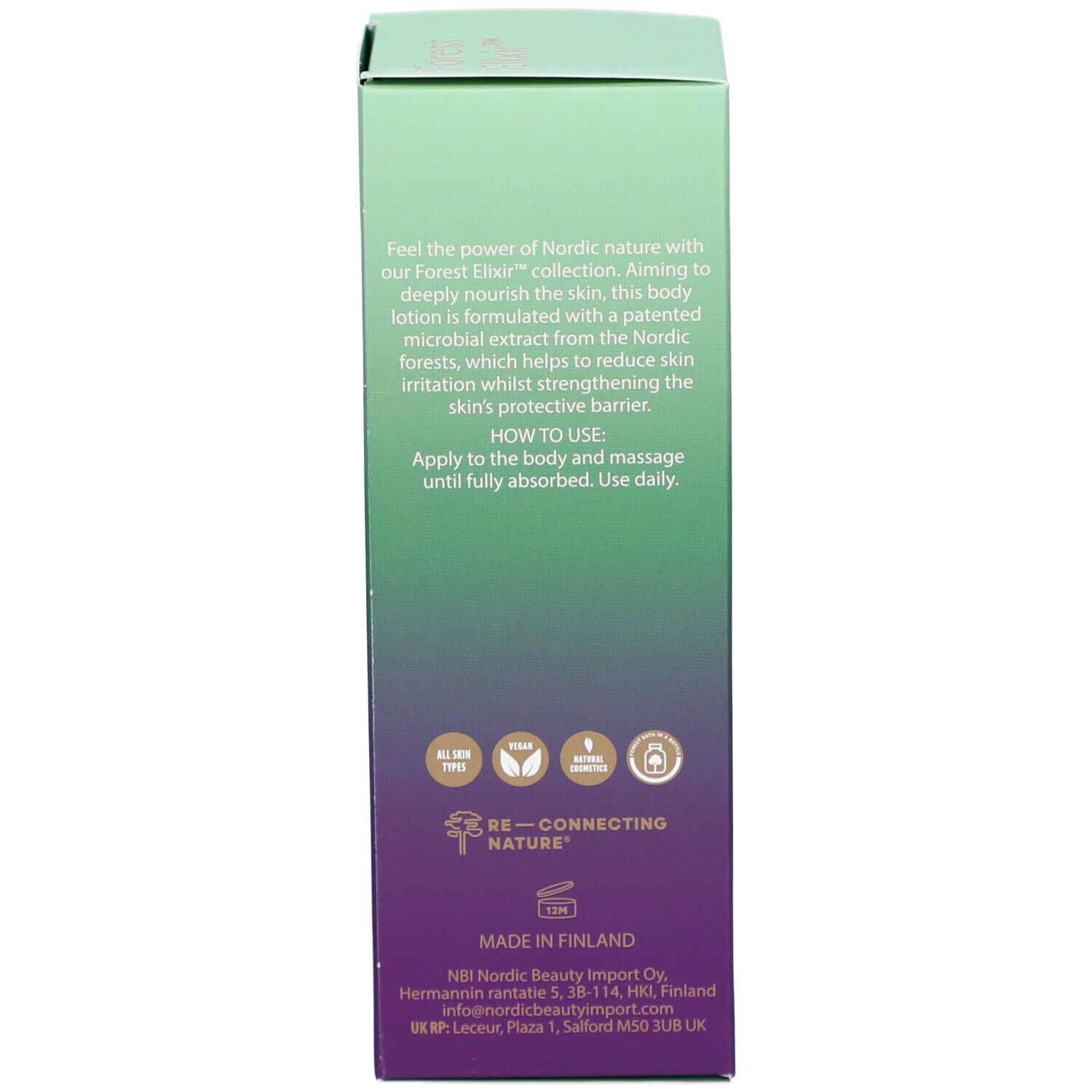 Côté de la boîte NOBE Forest Elixir avec description, instructions d'utilisation et sceaux.