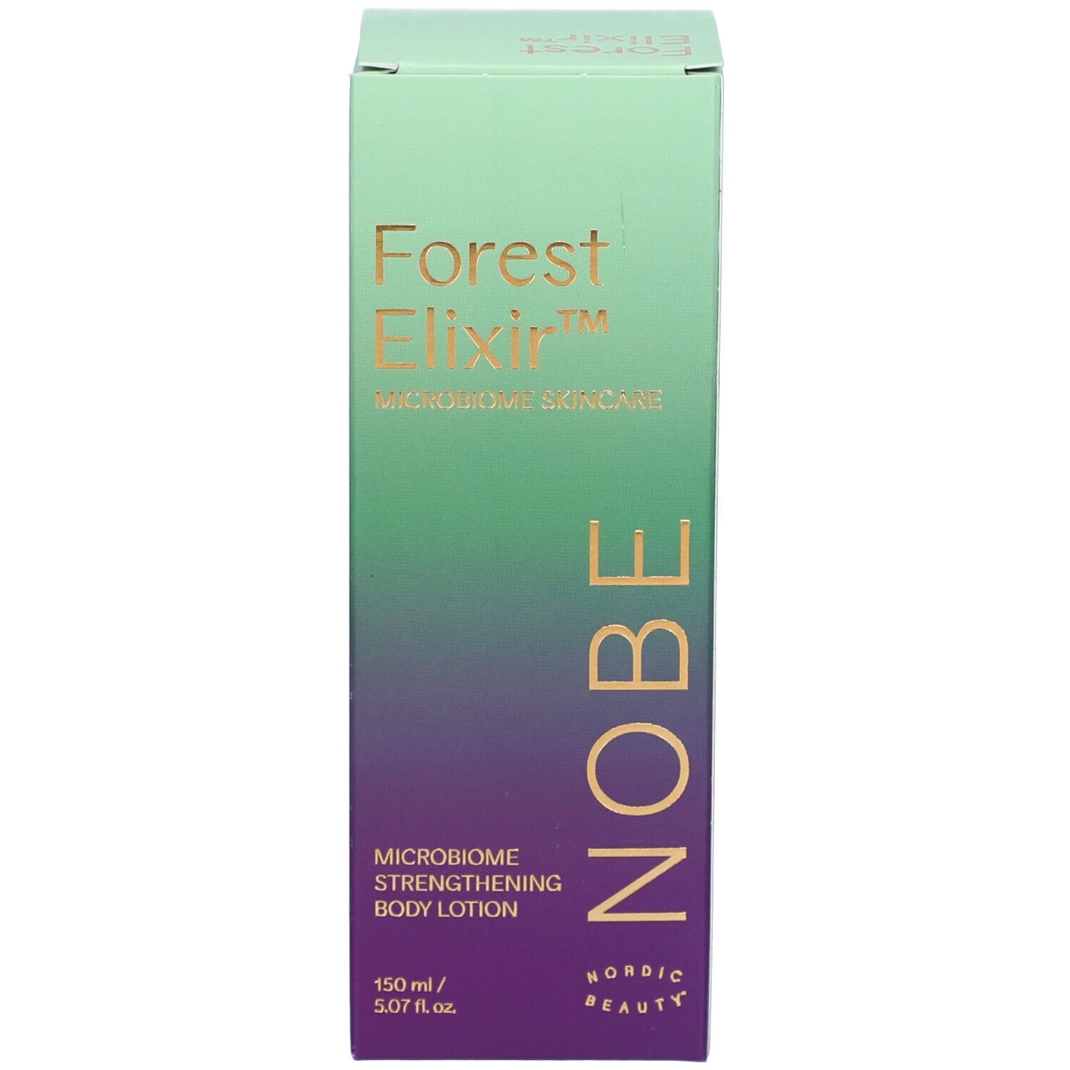 Vue latérale de la boîte NOBE Forest Elixir avec ingrédients et certifications.