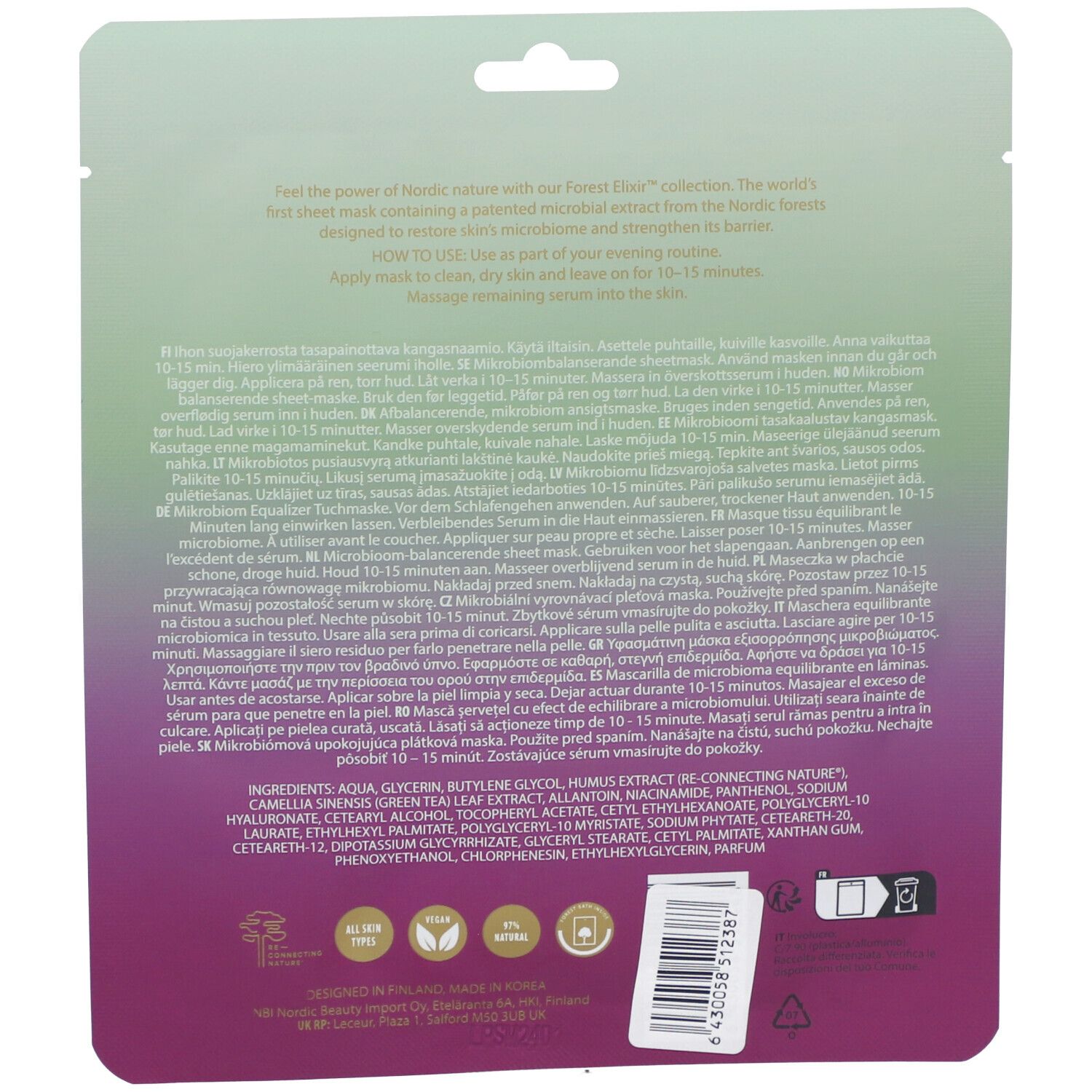 Dos de masque tissu NOBE Forest Elixir avec ingrédients et instructions.