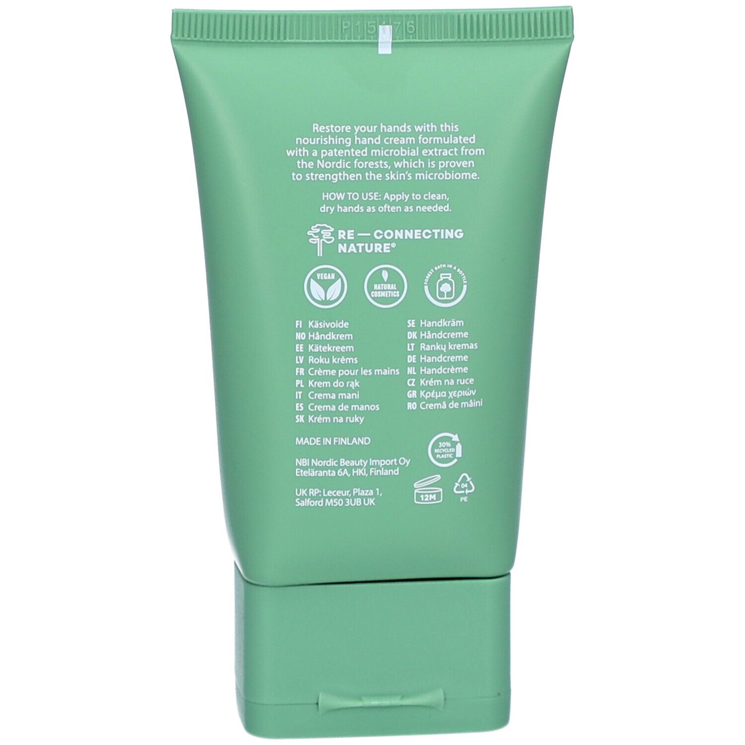Arrière du tube de crème pour les mains NOBE avec instructions et logos.