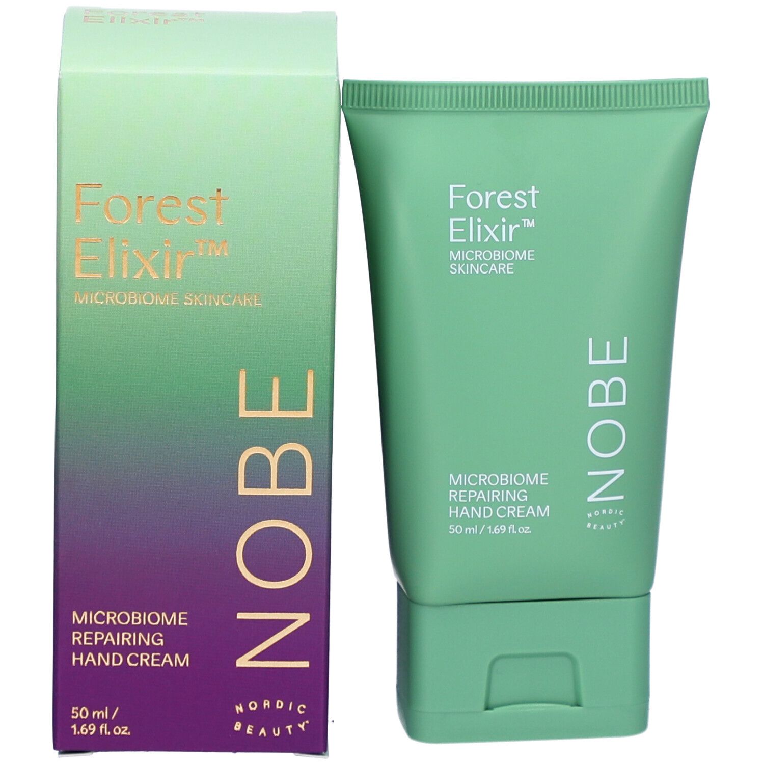 Crème pour les mains NOBE Forest Elixir à côté de sa boîte d'emballage.